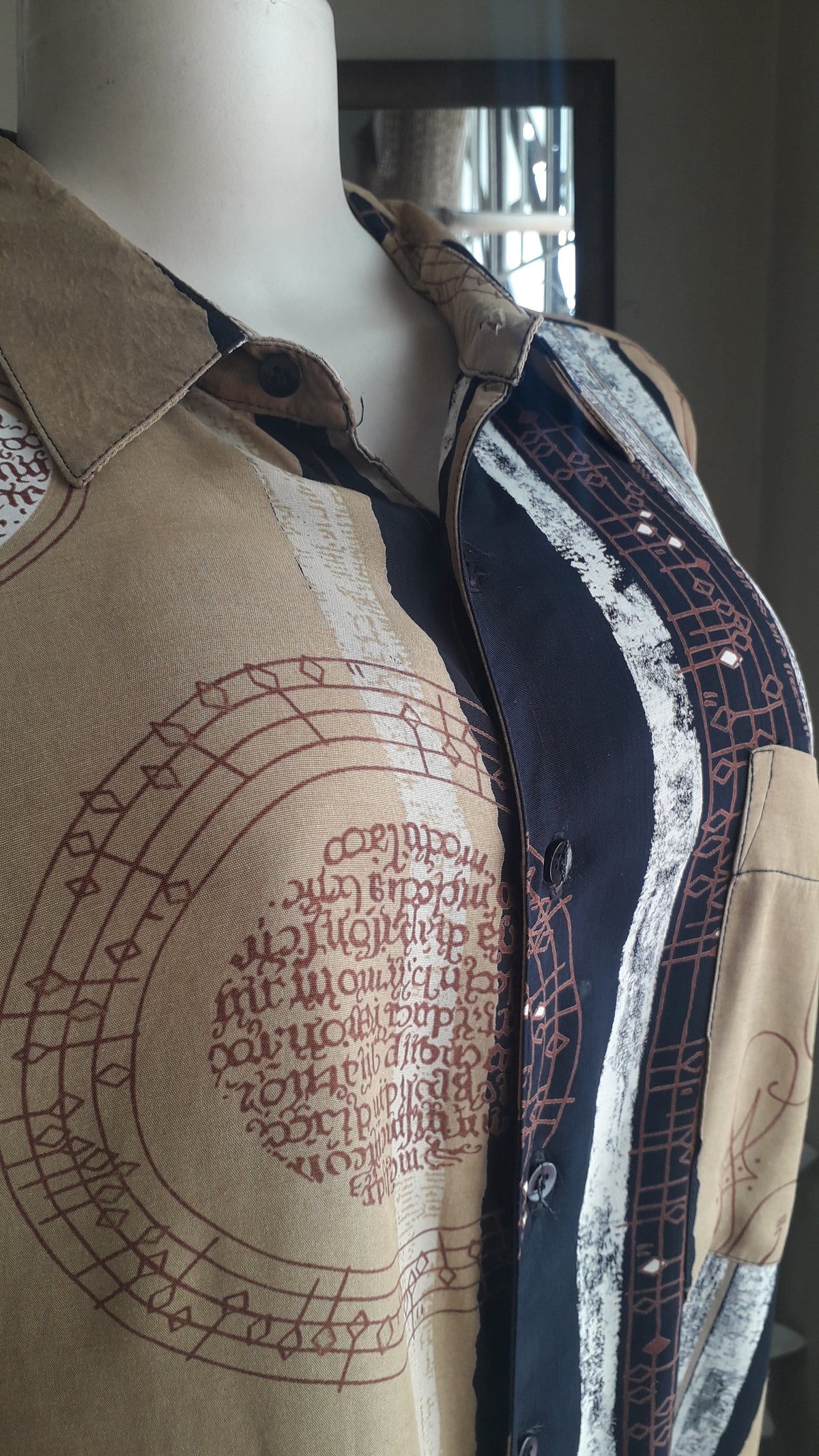 vintage earth tone music note button shirt semi organic ... L ^^^