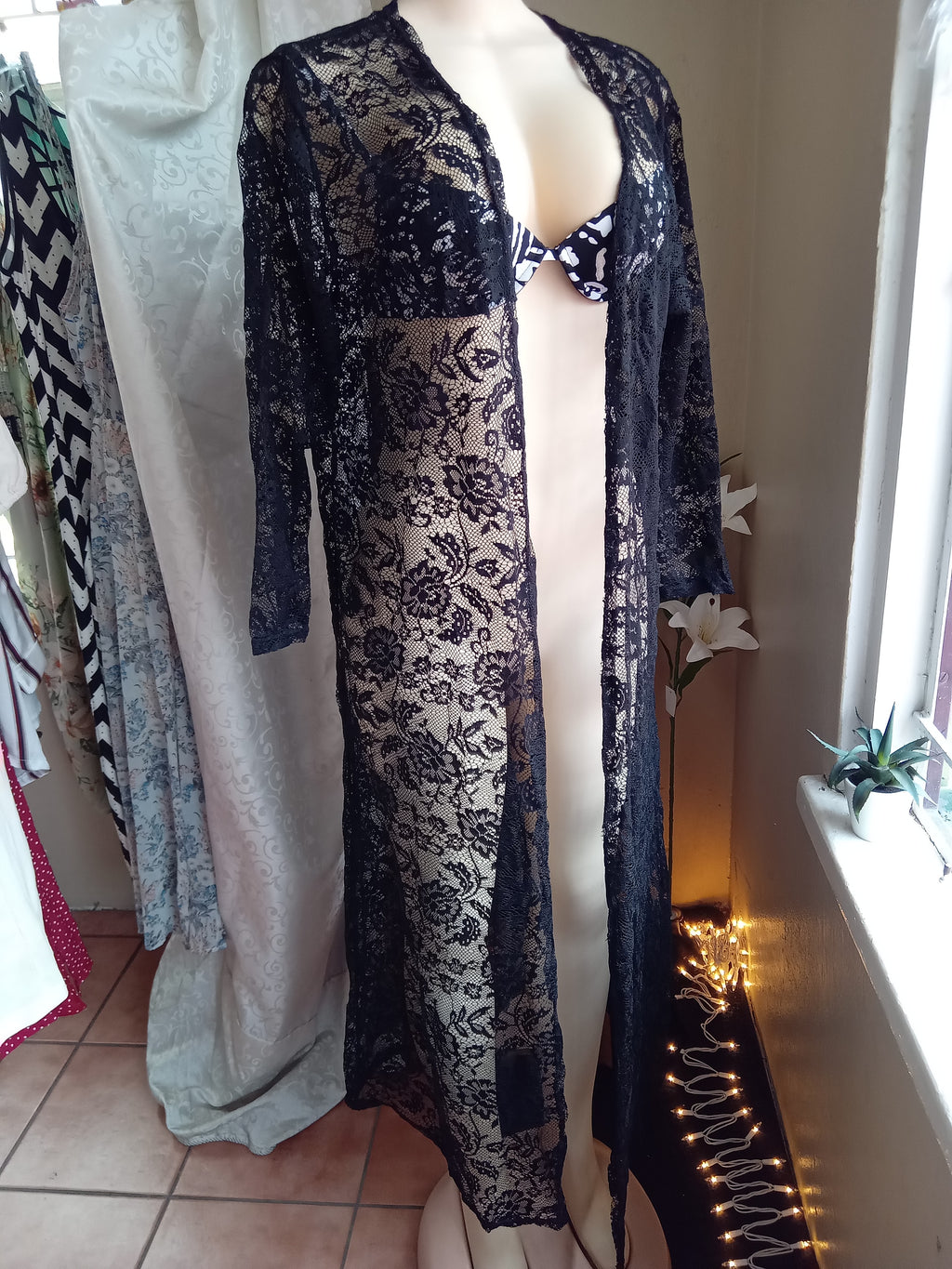 New Black Lace coverup / kimono maxi... One size. vacay swim