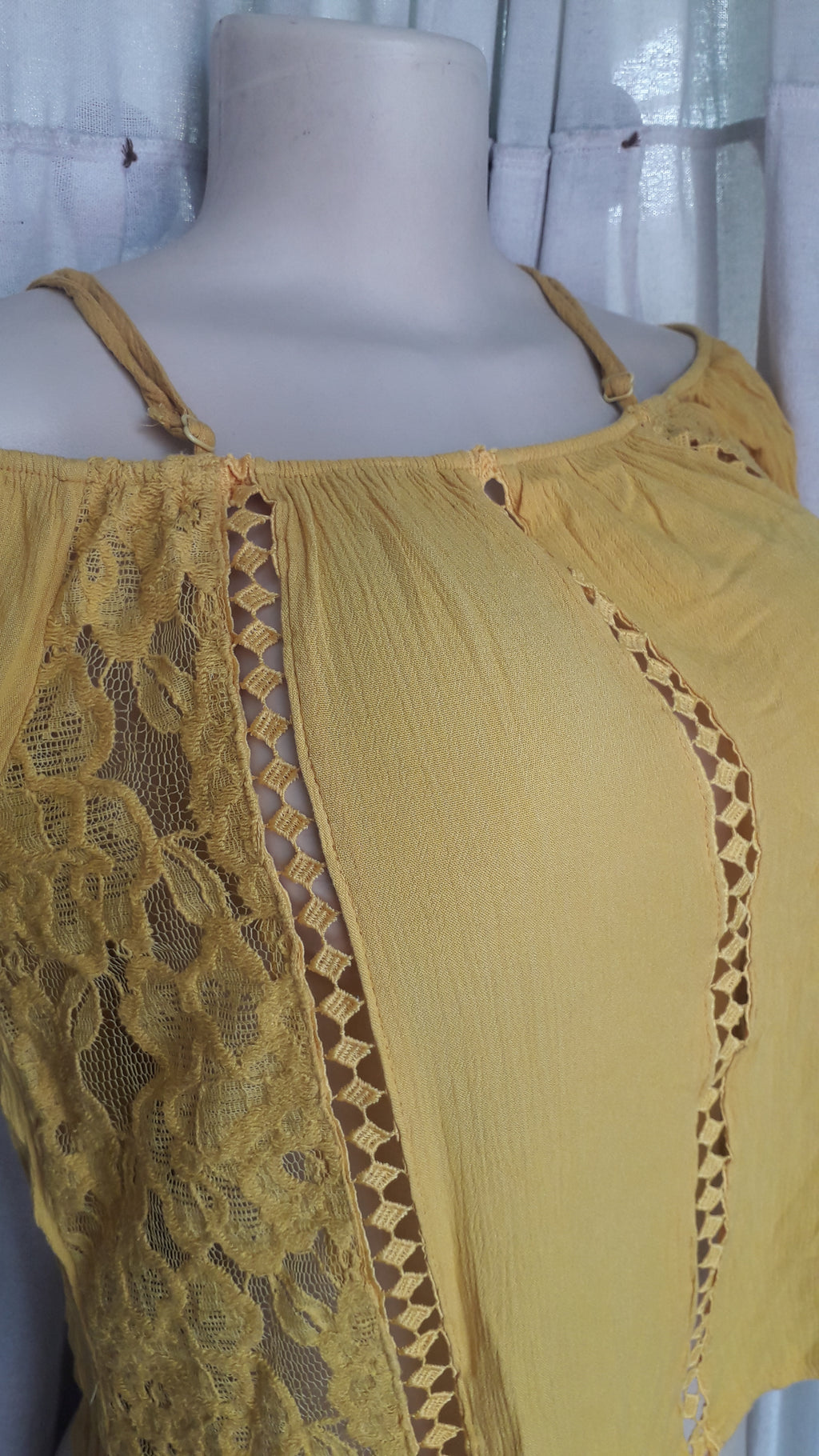 mustard bell sleeve crinkle top off the shoulder ... L