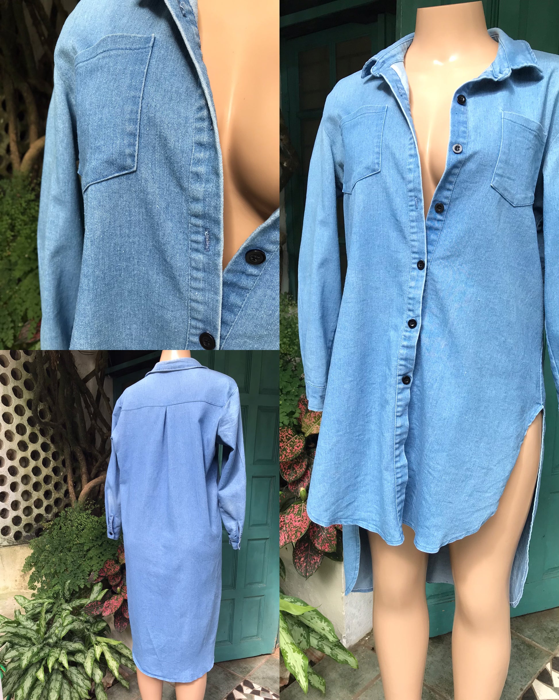 Retro denim high low shirt dress long sleeve