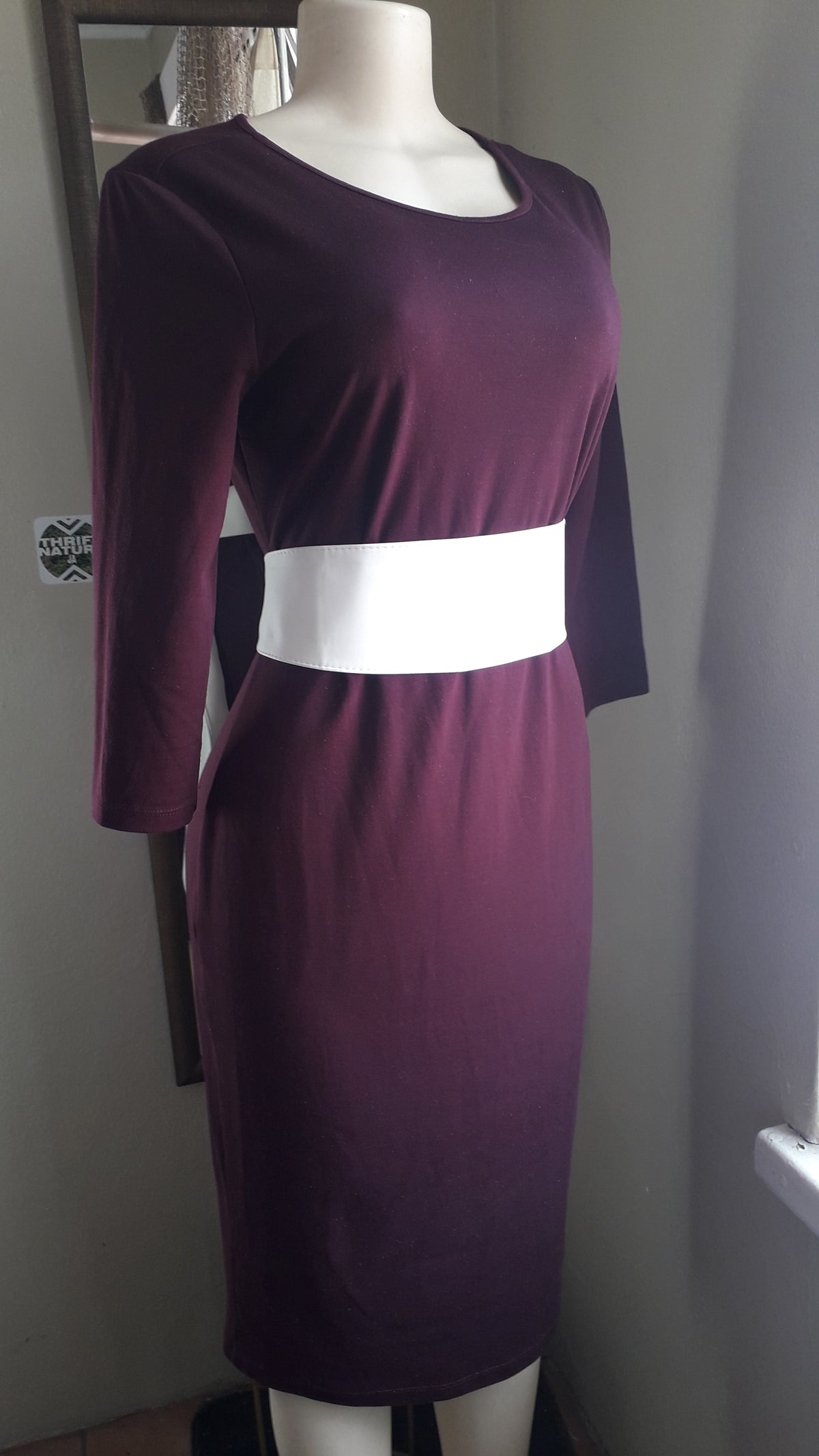 maroon purple mid sleeve stretchy dress (belt sold separately) M to L