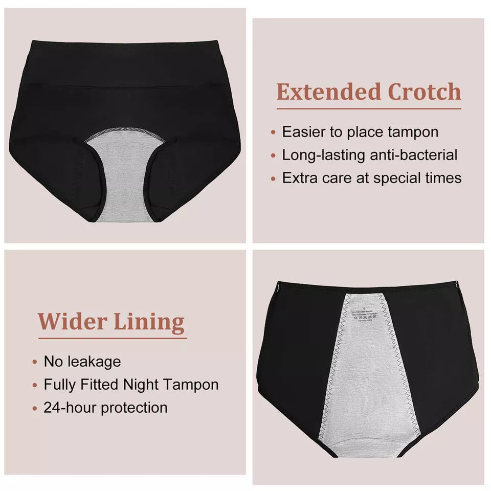 New Period Underwear Reusable Black Cotton : Light days / backup : large