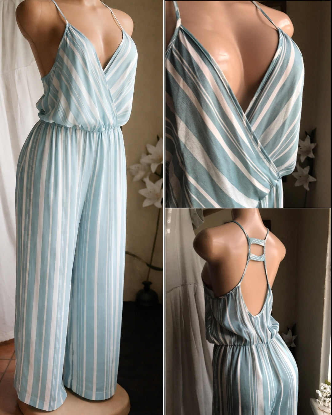 powder blue stripe wide leg jumpsuit soft spaghetti ~~~ large