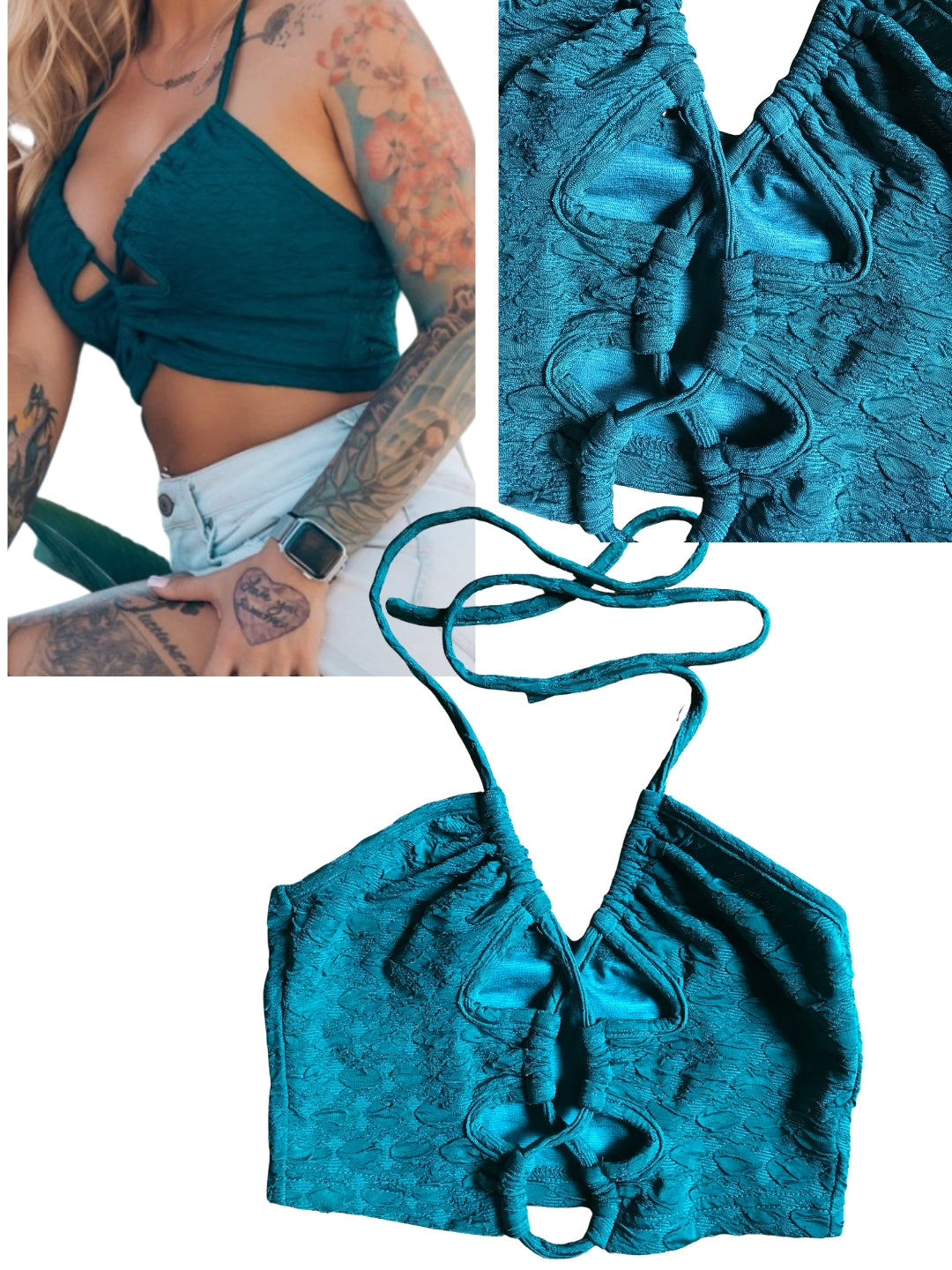 turquoise textured crop top lace up front ... s