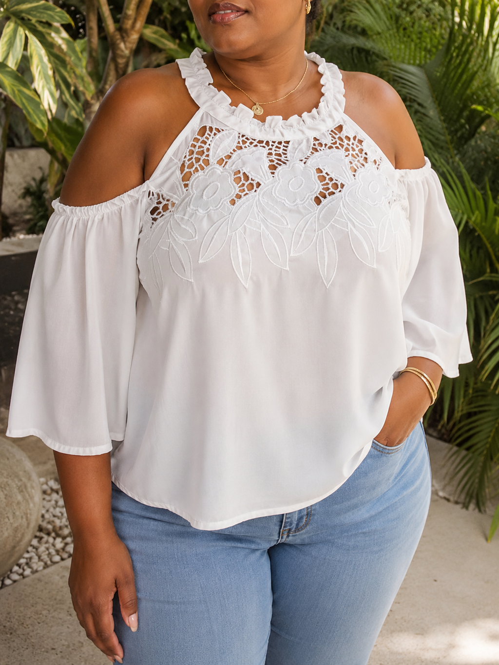 white cold shoulder embroidery eyelet blouse ... plus /XL