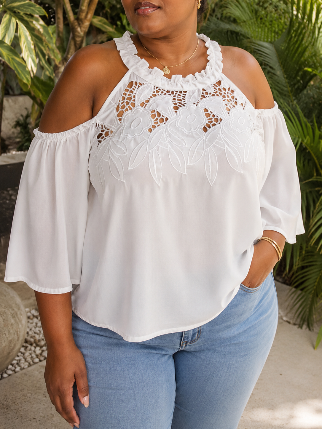 white cold shoulder embroidery eyelet blouse ... plus /XL