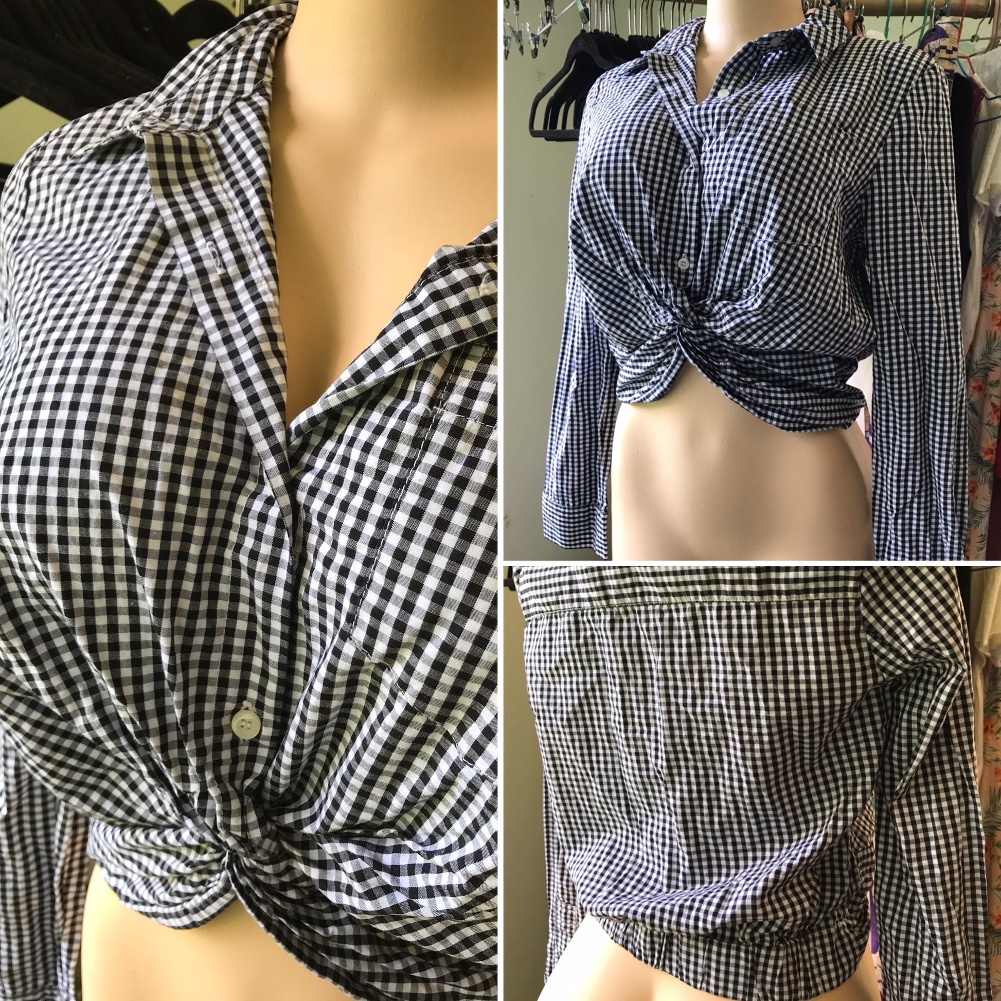 B&W Plaid Knotted Cropped Long Sleeve Button Up Blouse