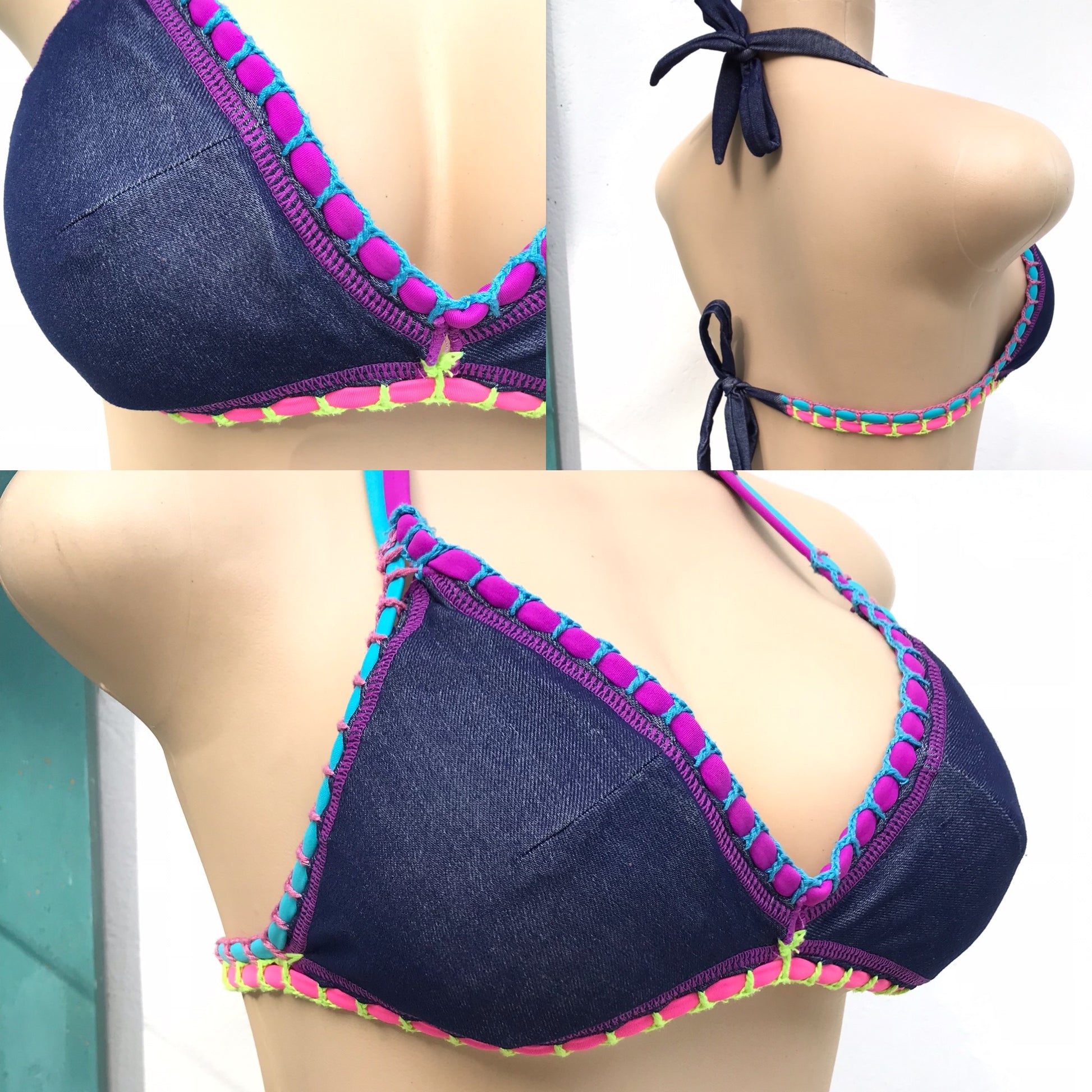 Denim & Neon Crochet Bikini Top