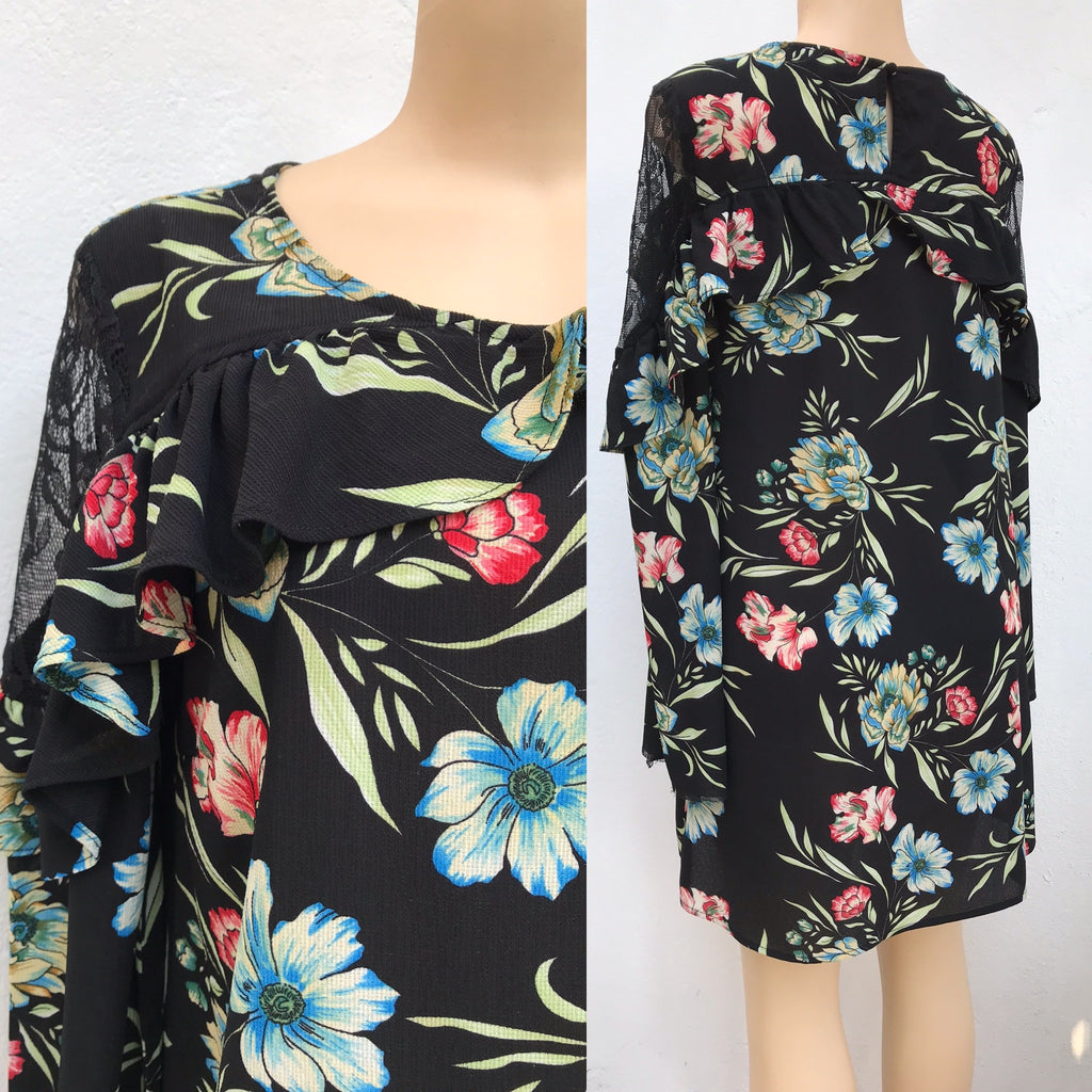 Black Floral Dress Mesh Sleeve Detail