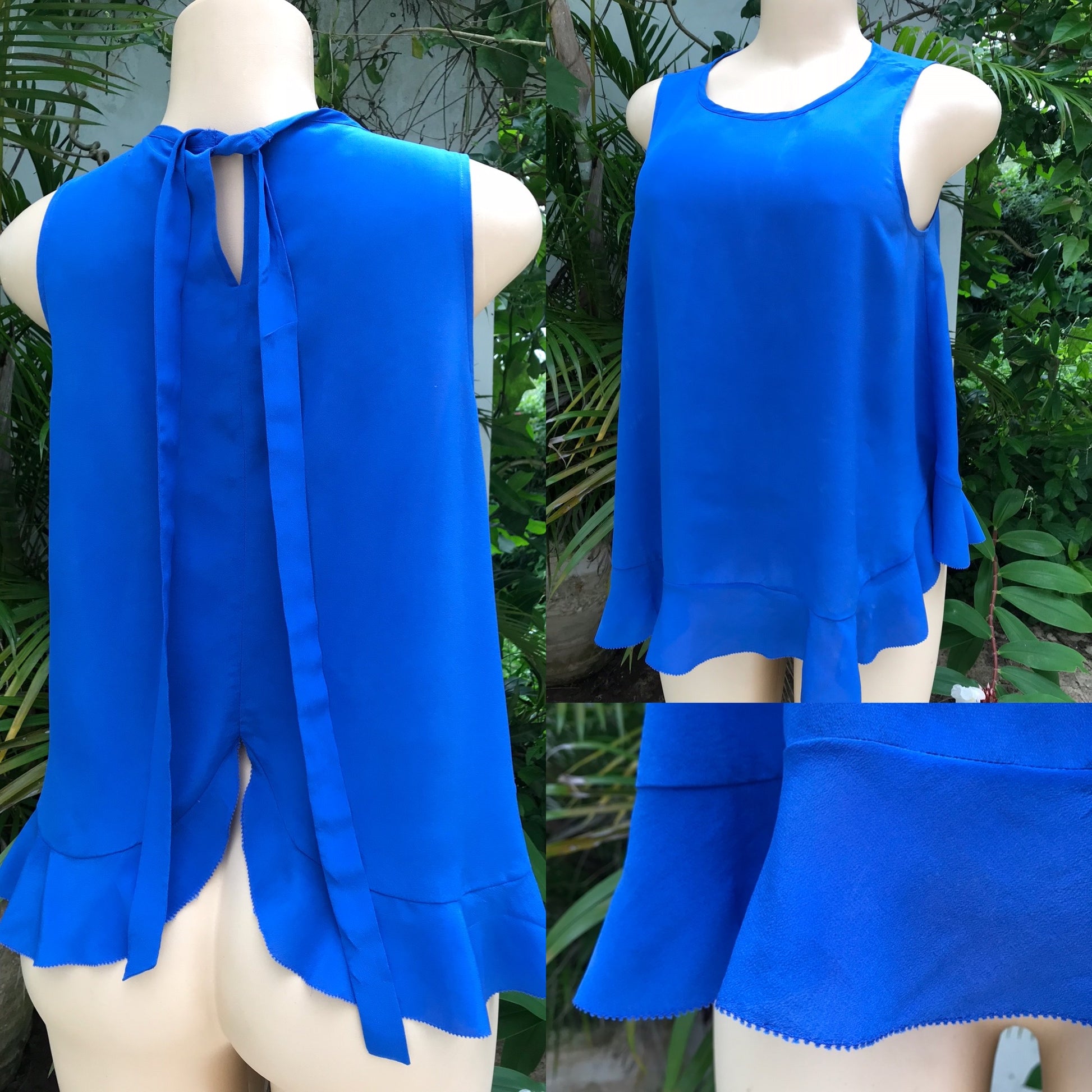 Cobalt Blue 100% Silk Frill Detail Blouse Neck Tie