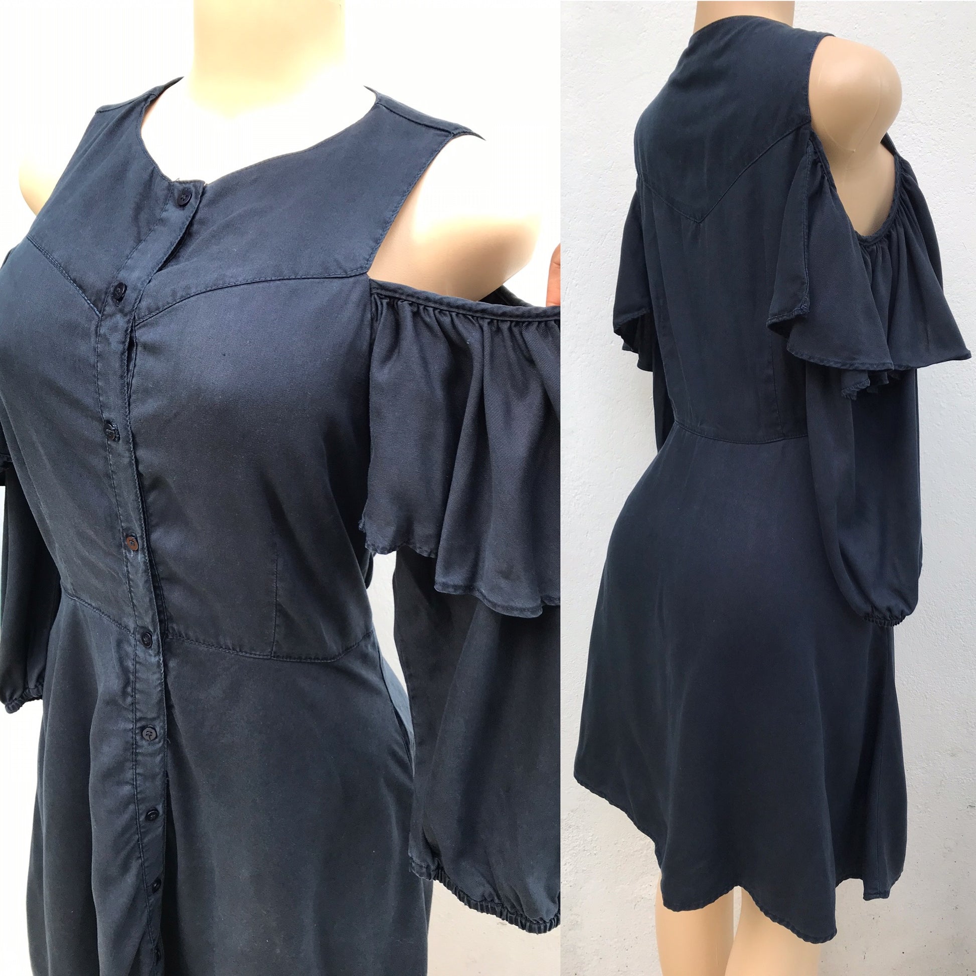 80s Made Zara Denim Cold Shoulder Frill Dress