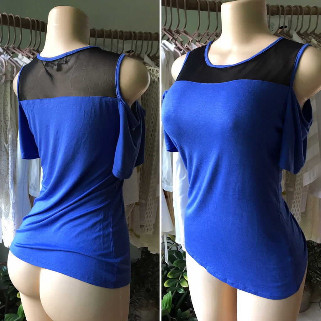 Nicki Minaj Blue Mesh Cold Shoulder Top