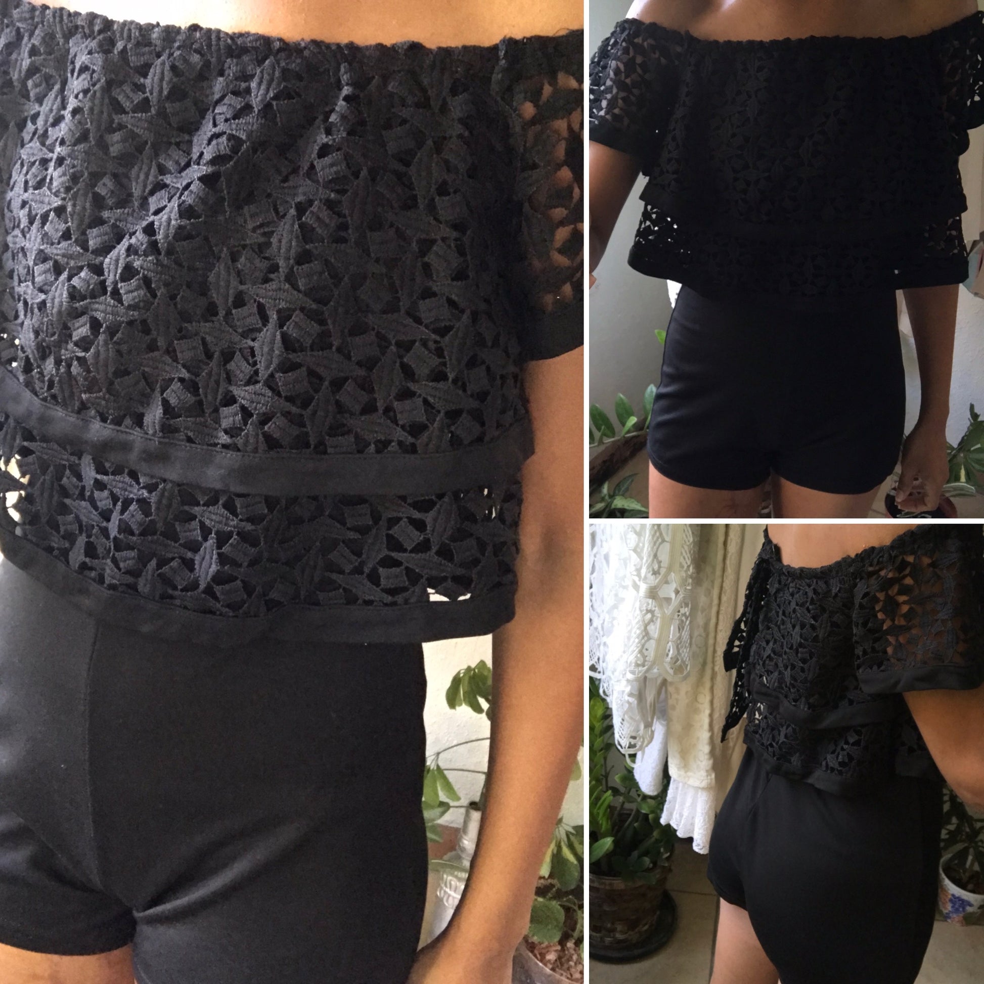 Black Crochet Double Frill Soft Romper
