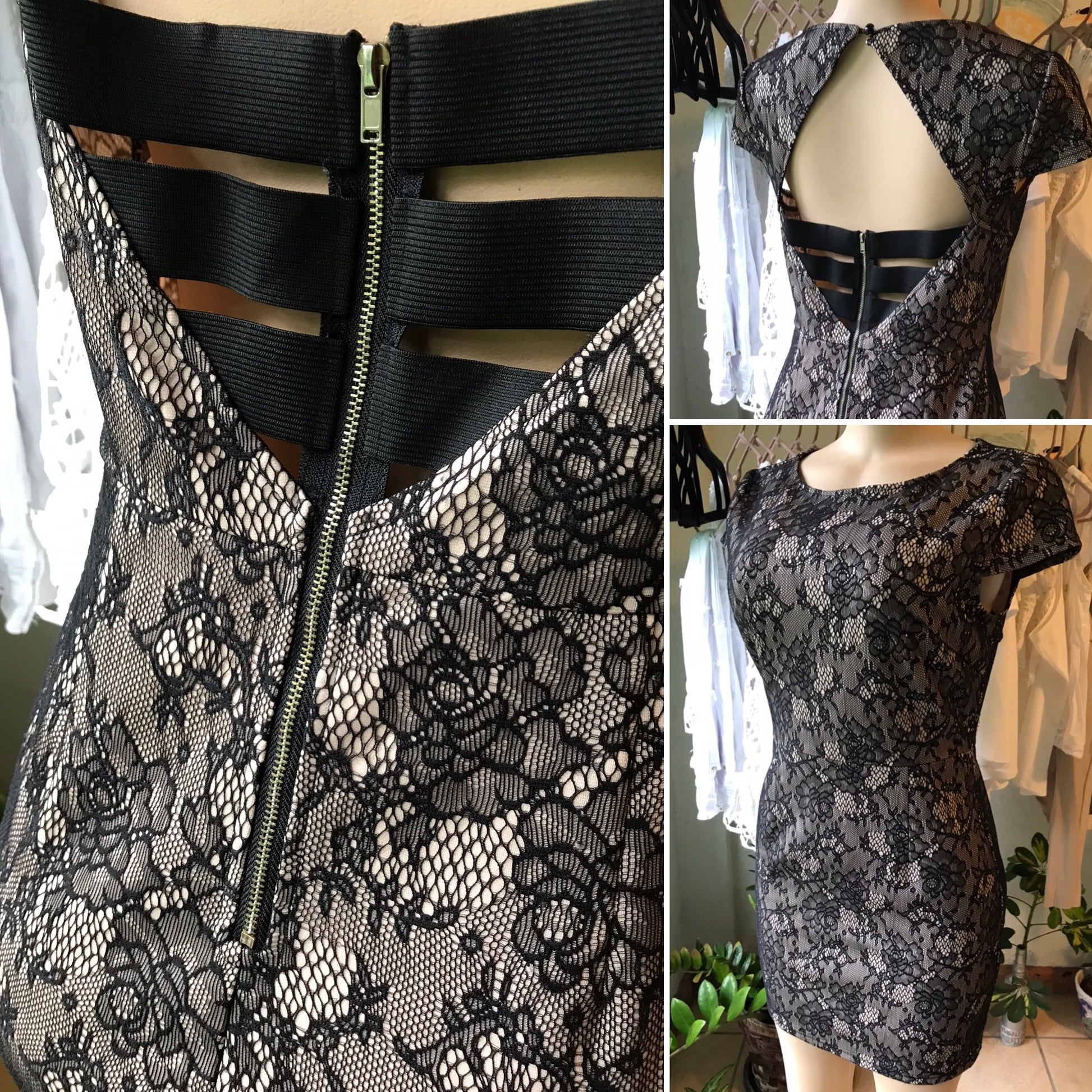 Cream Black Lace Evening Dress Backless