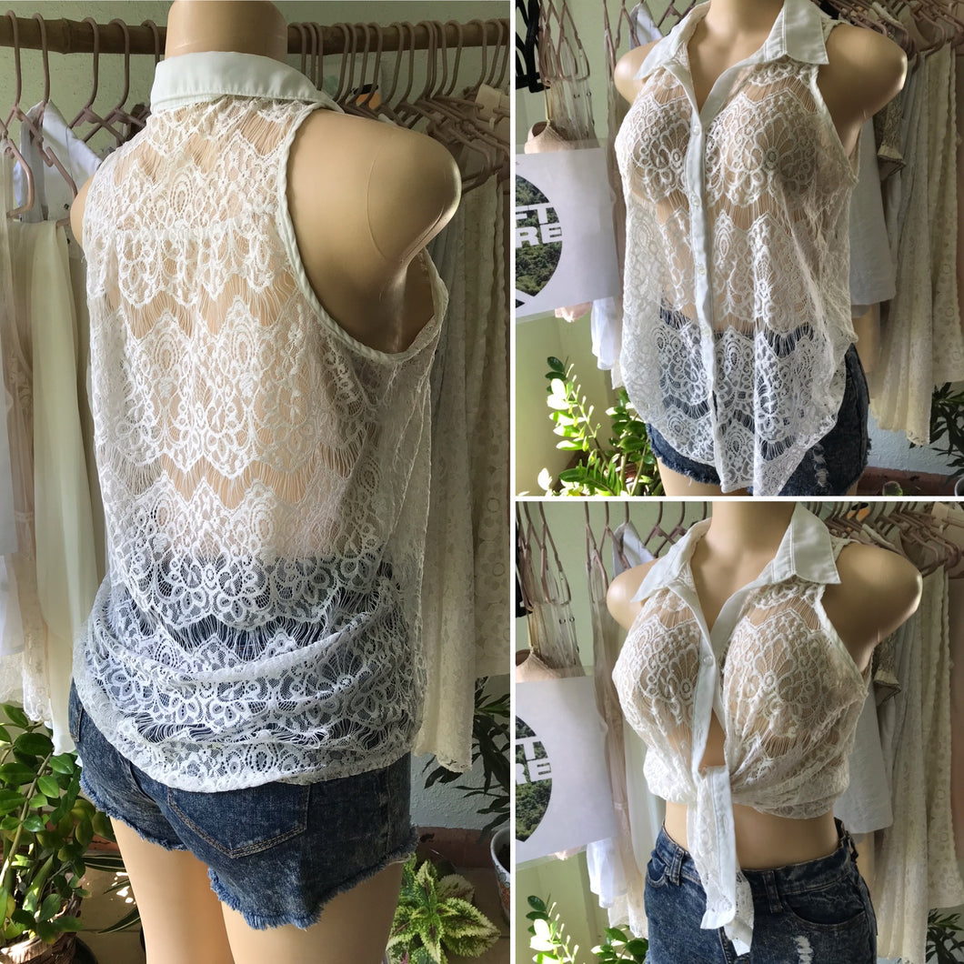 White Lace Sleeveless Button Down Blouse