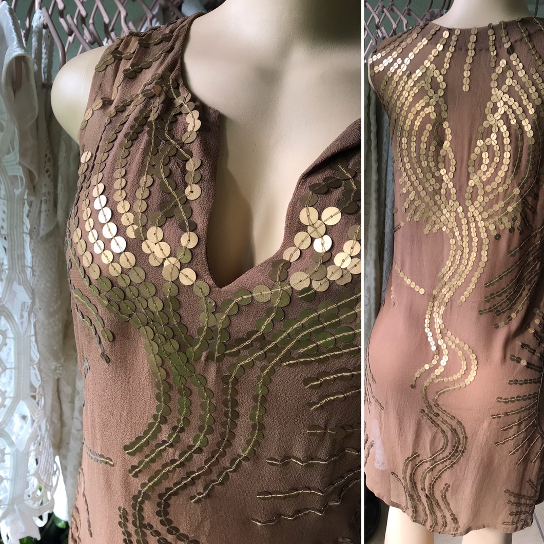 Vintage Brown Sheer Blouse/Coverup Gold Sequin Design