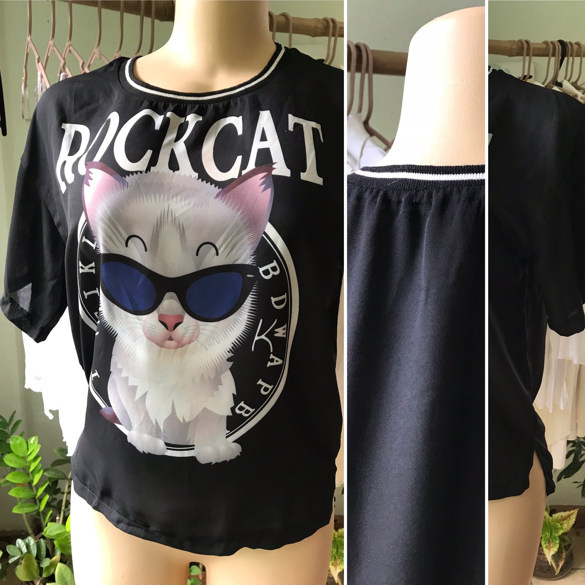 Black Rock Cat Sheer Tee Blouse