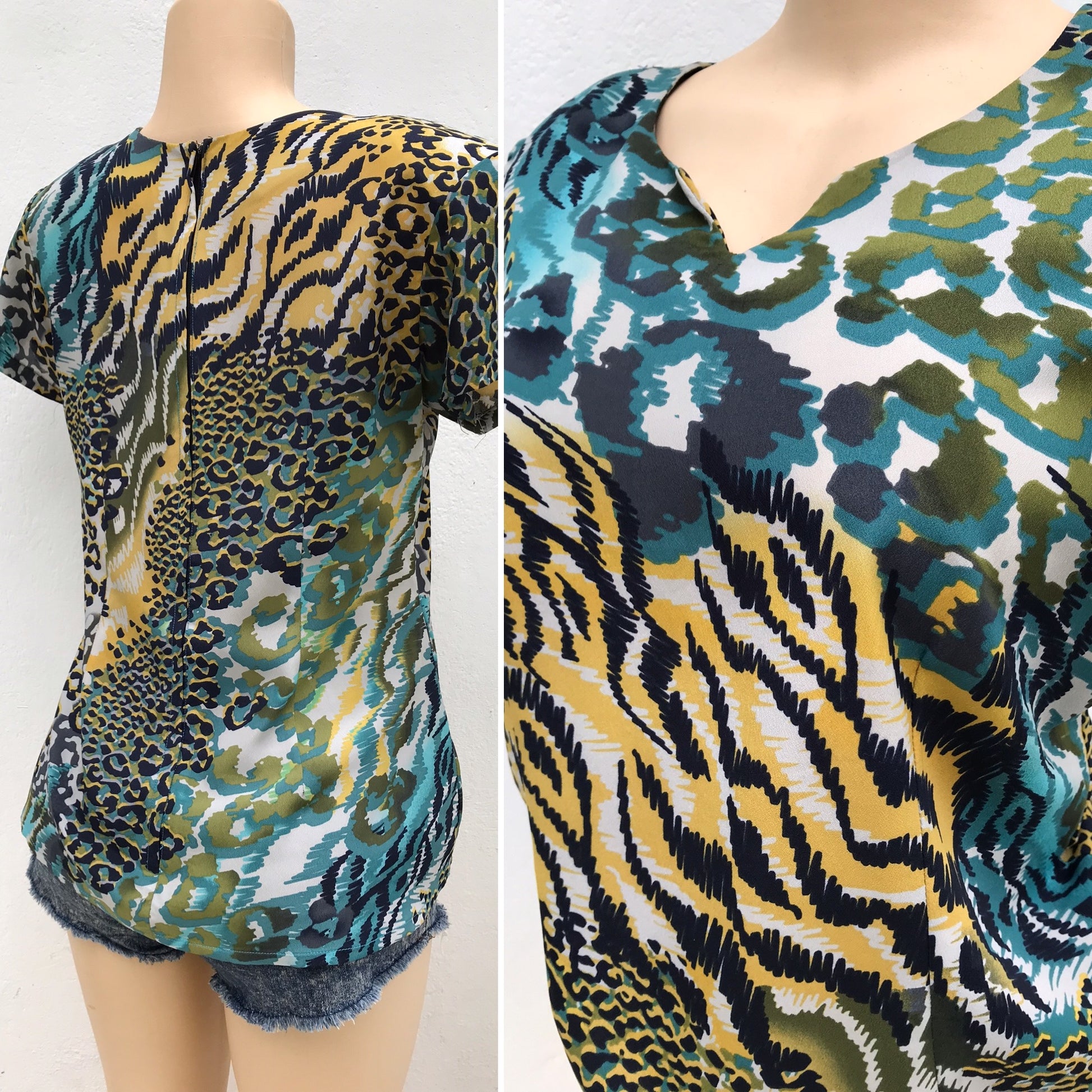 Vintage 100% Silk Animal Print Blouse Turquoise Yellow