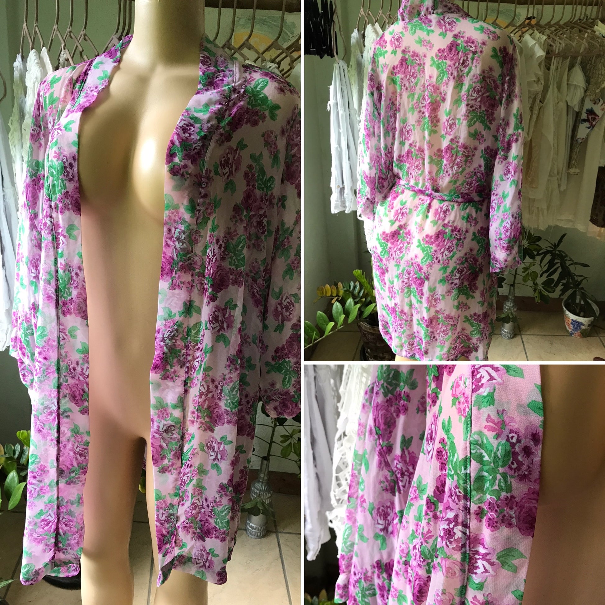 90s Forever 21 Sheer Floral Kimono Coverup Robe