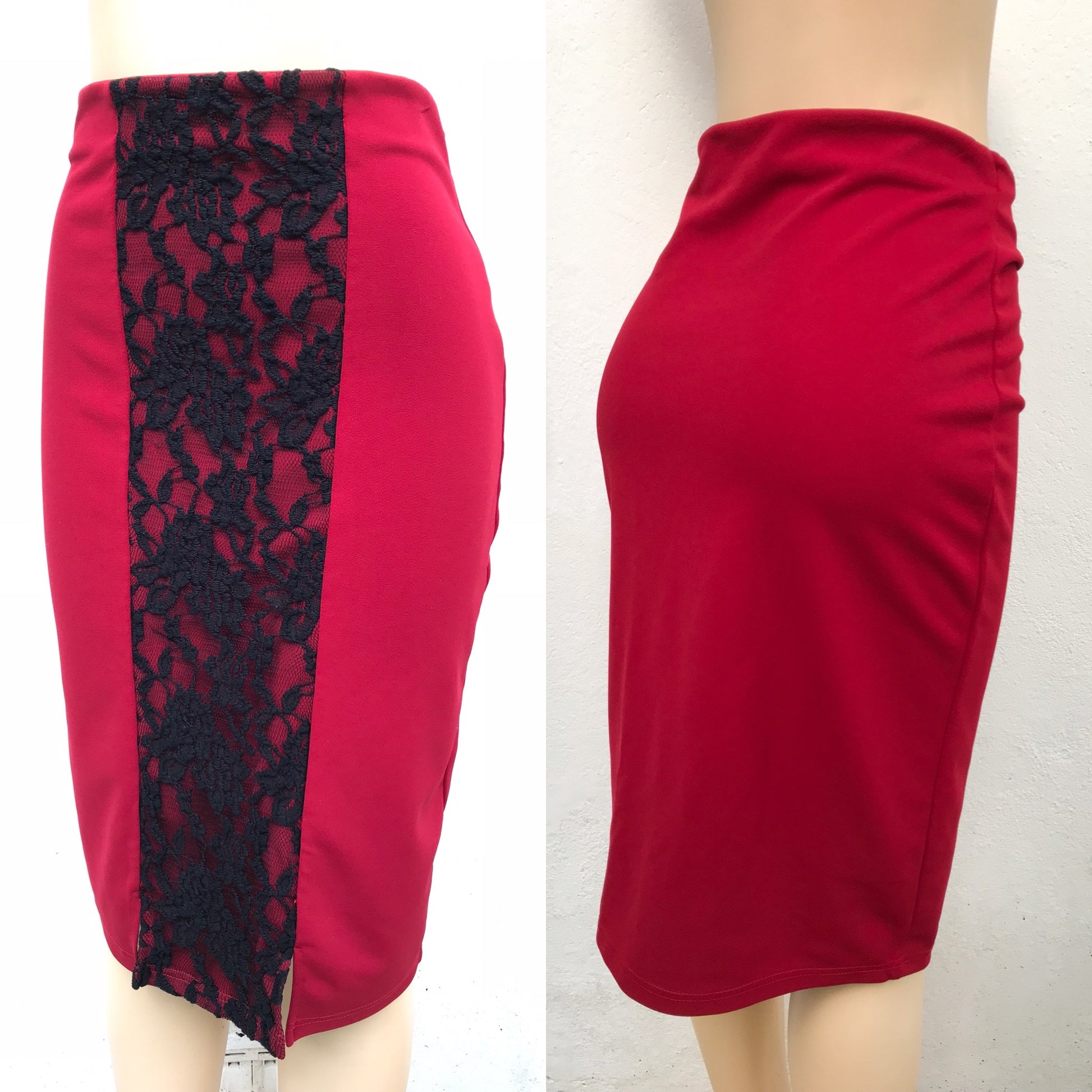 Red Lace Detail Pencil Skirt Professional