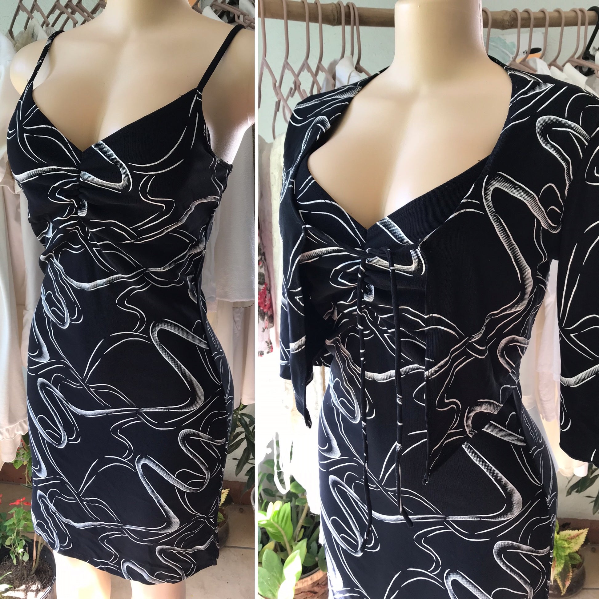 Black 80s Print Spaghetti Strap Dress & Matching Bolero