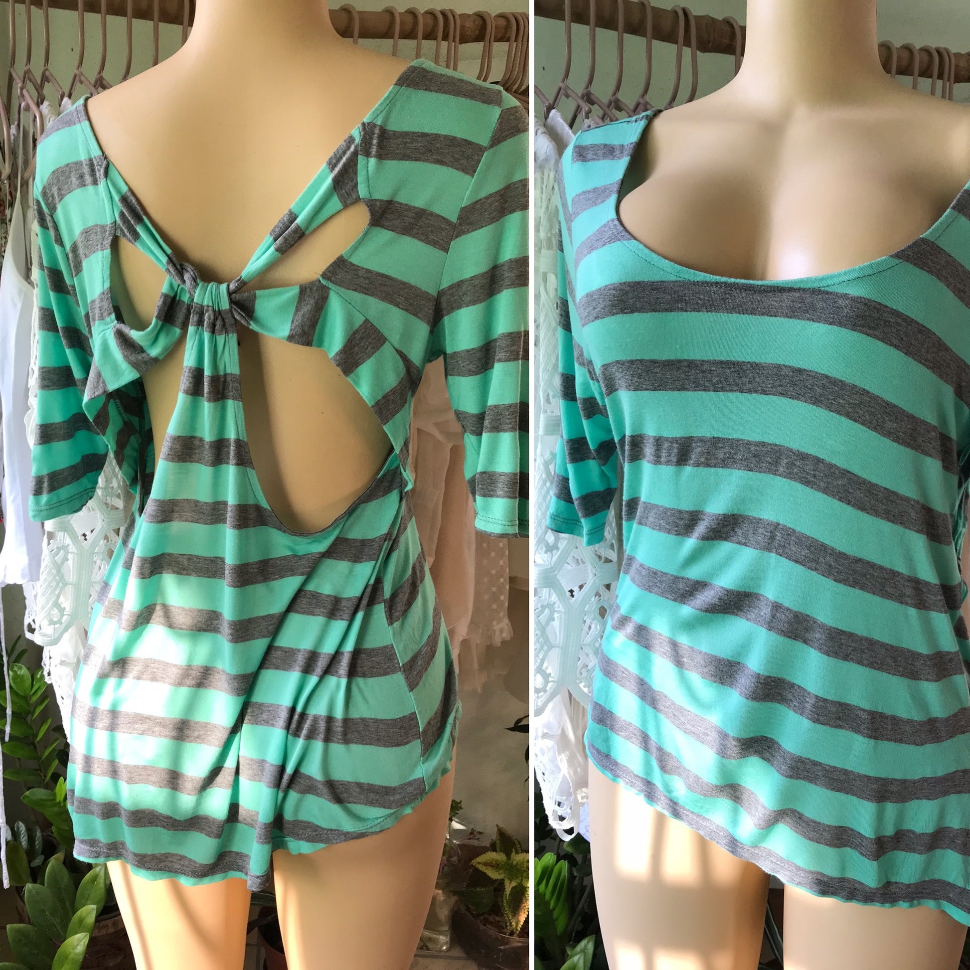 PLUS Mint & Grey Easy Blouse Soft Stripe