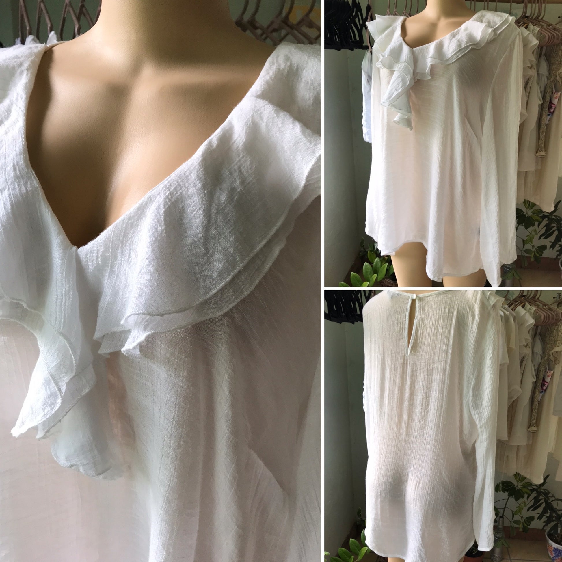 Vintage Lightweight Ruffle Collar Blouse White PLUS