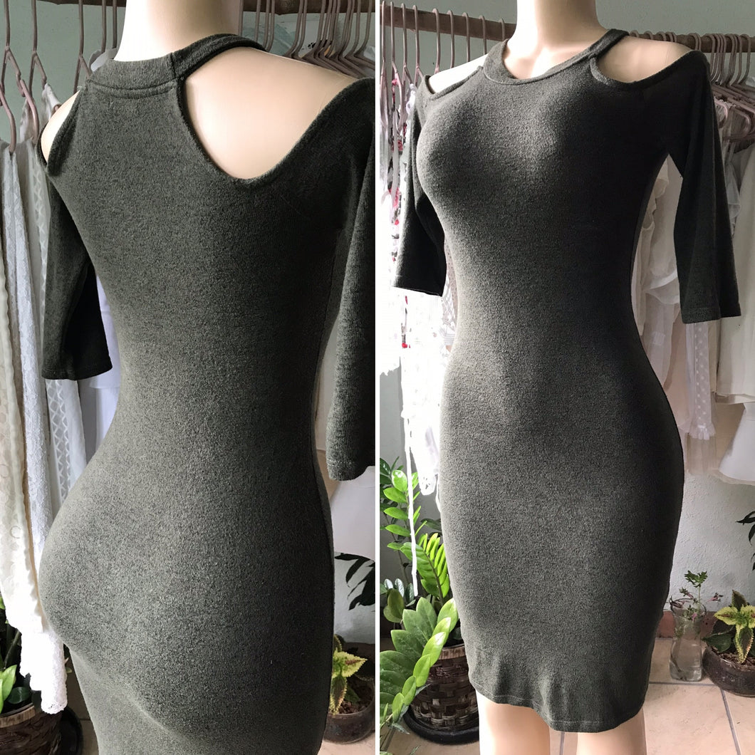 Soft Army Green Knit Dress Cold Shoulder