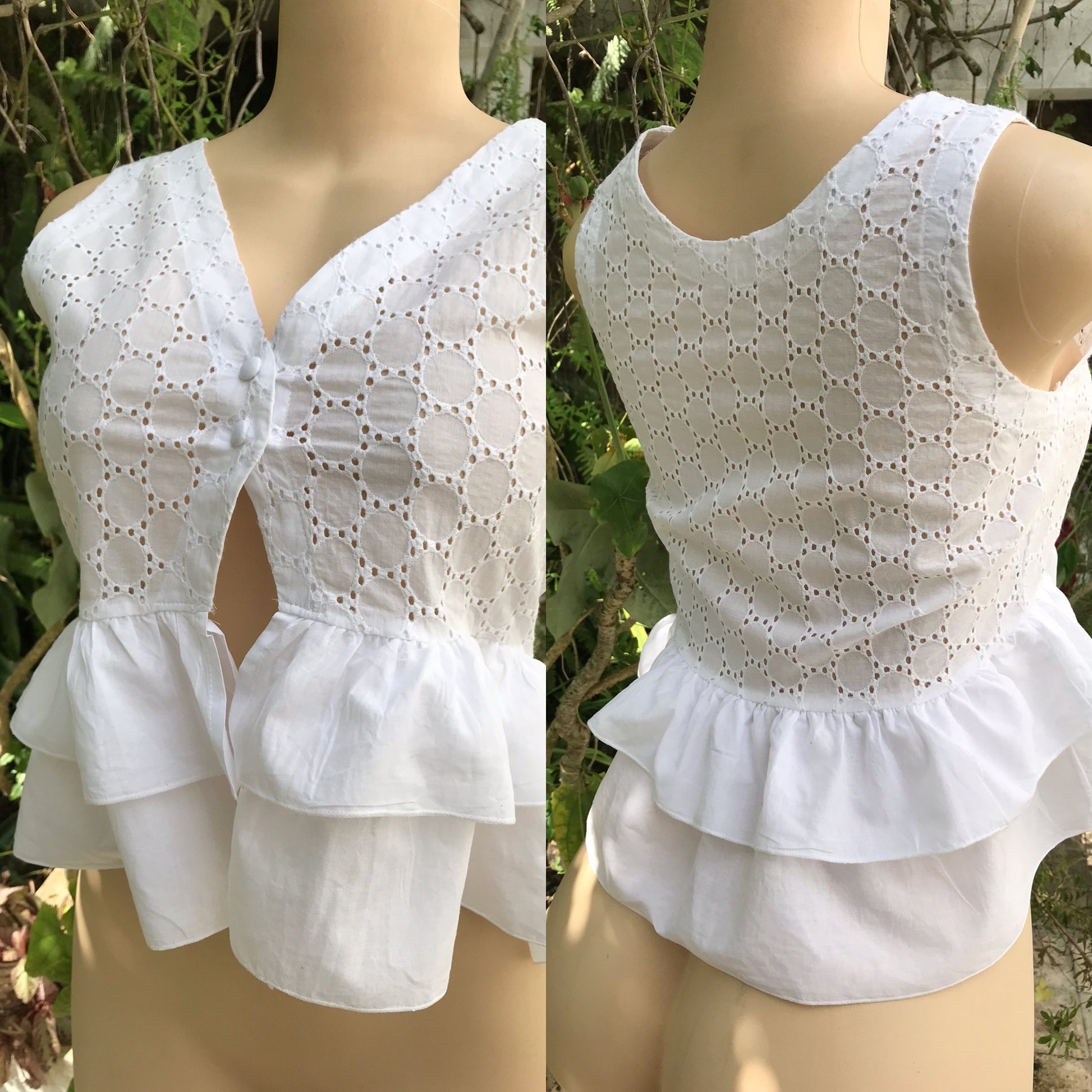 White Cotton Eyelet Ruffle Sleeveless Blouse XS-S