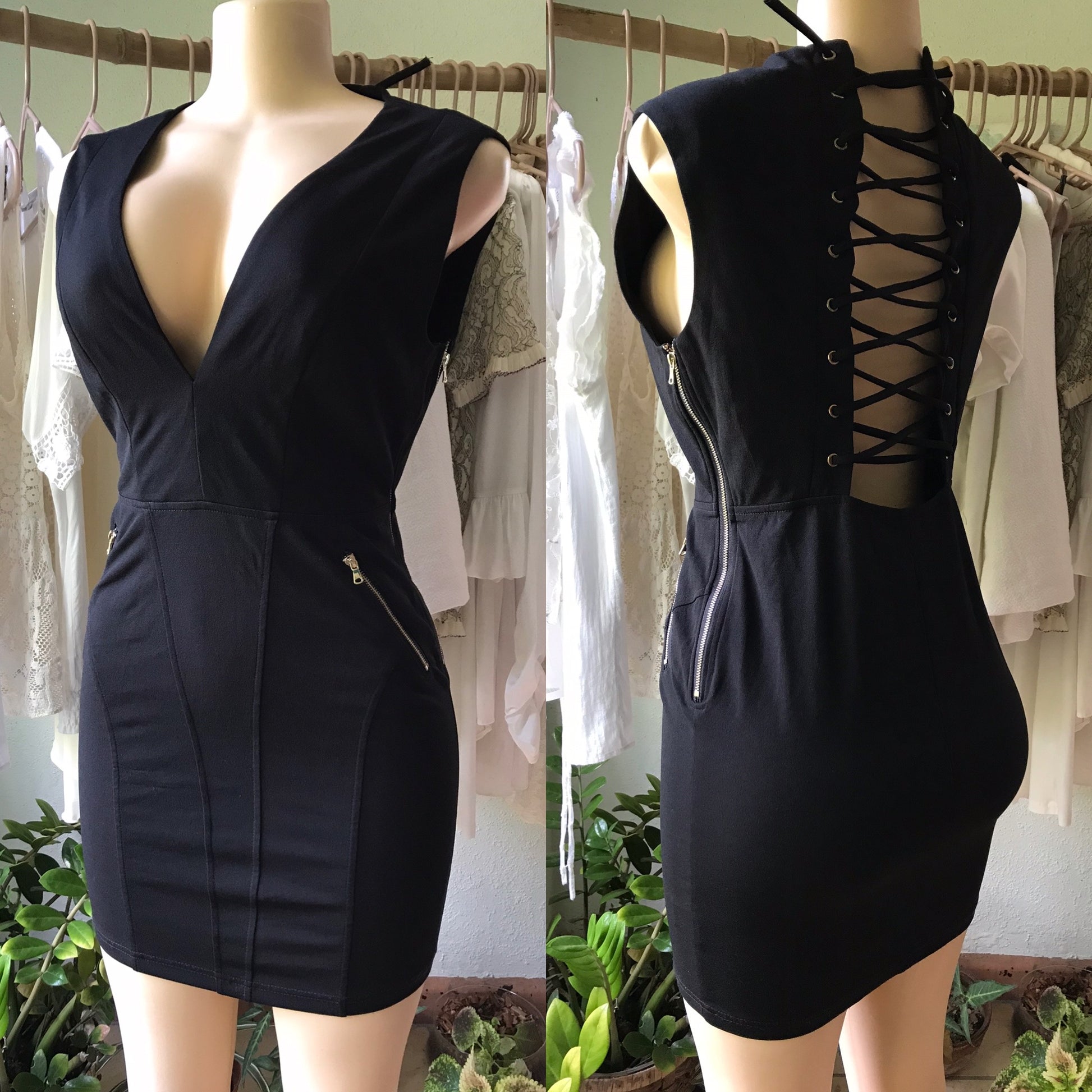 Black Lace Up Back Bodycon Zip Dress
