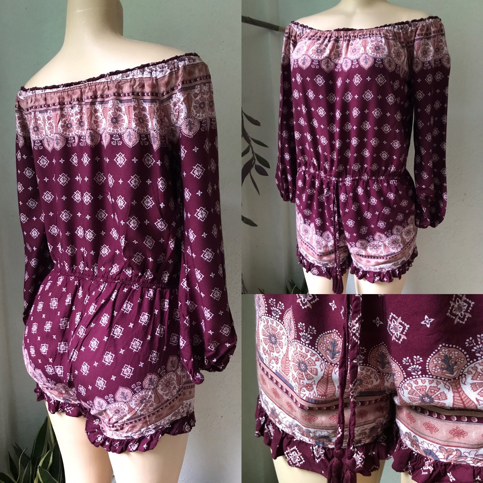 Maroon Frill Print Romper Soft - L