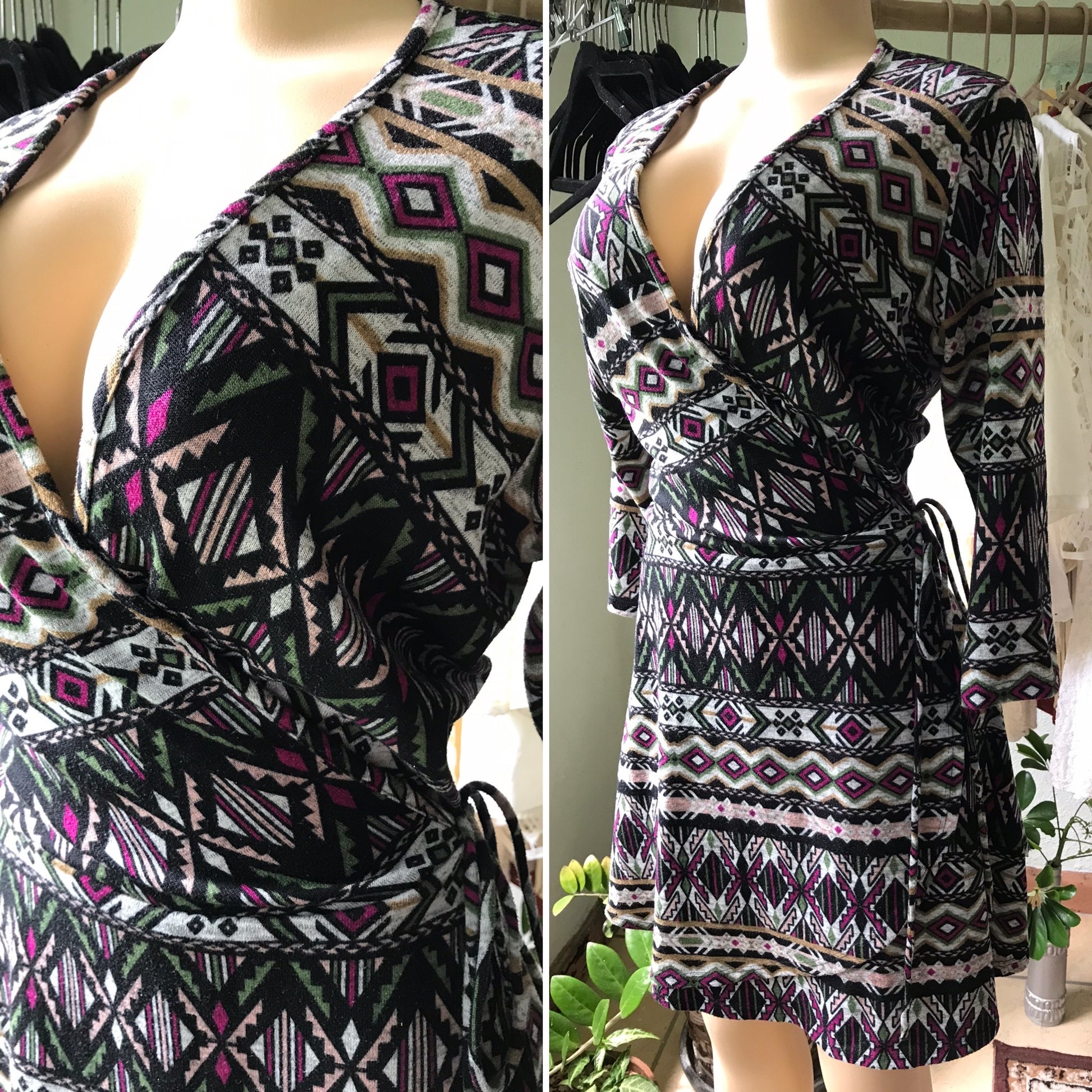 Soft Geo Print Wrap Style Mid Sleeve Dress