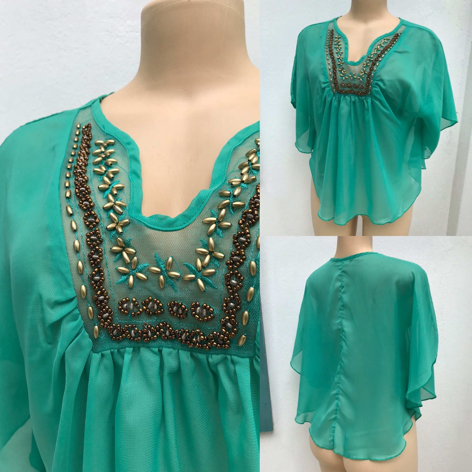 Mint Green Beaded Kimono Sleeve Blouse