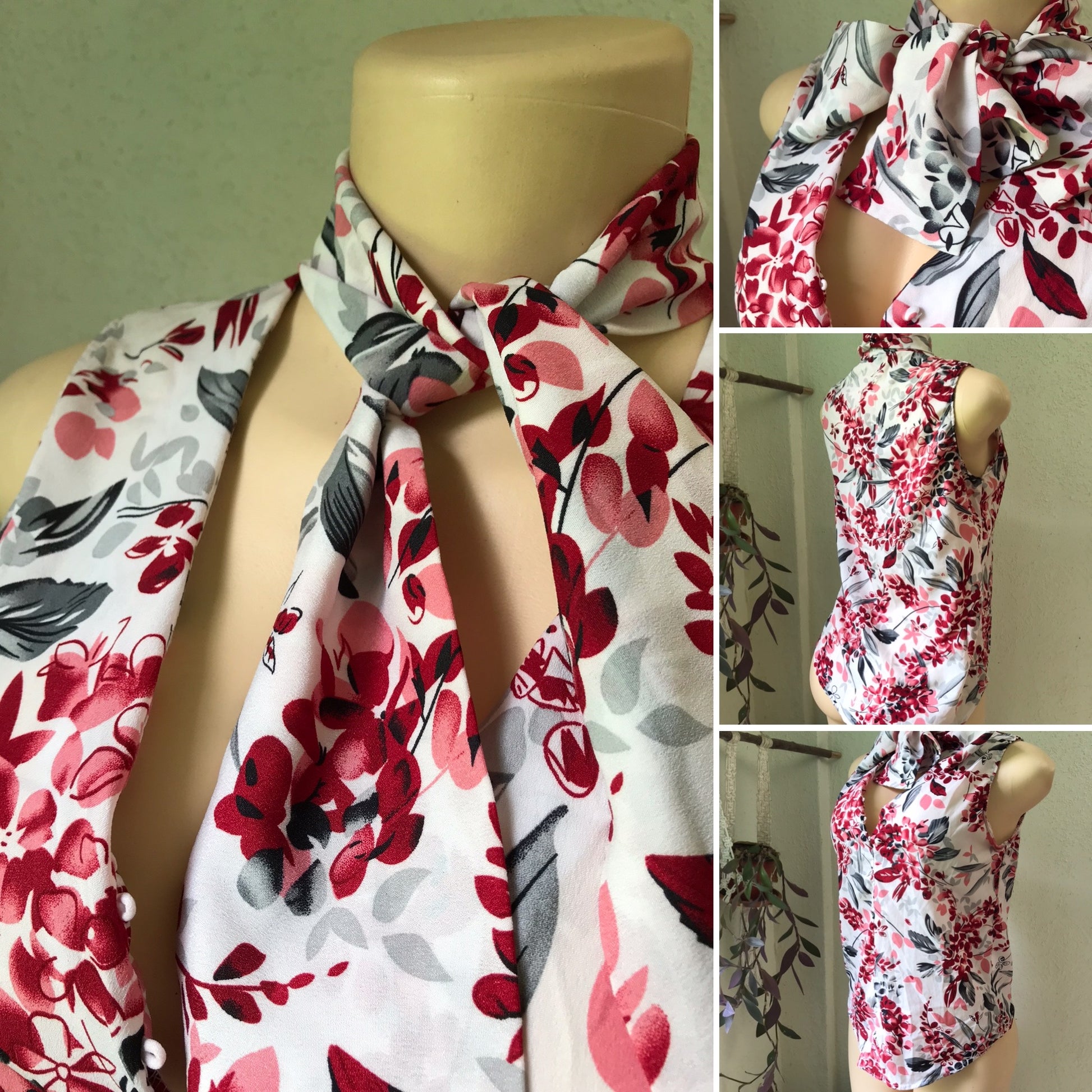New Tied Neck Bold Floral Sleeveless Blouse