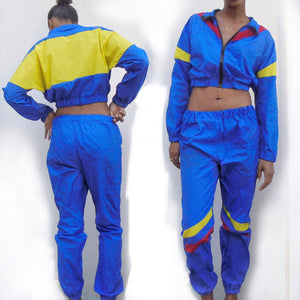 Blue Yellow Cotton Blend Statement Matching Jogger Set