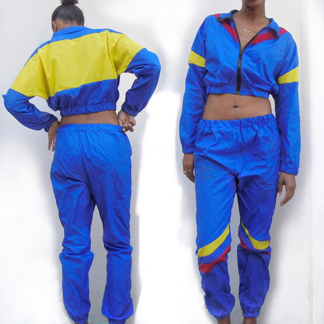 Blue Yellow Cotton Blend Statement Matching Jogger Set