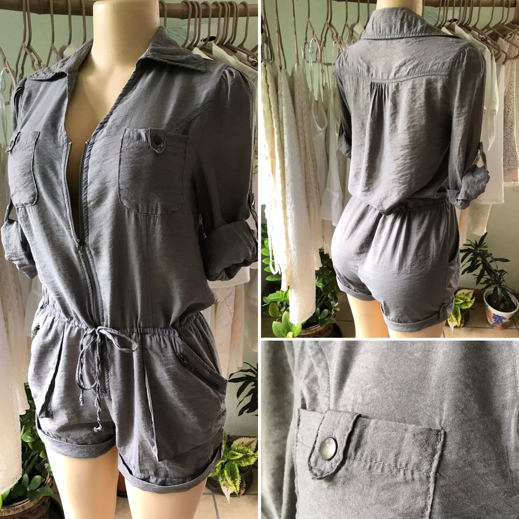 Grey Low Key Sheen Industrial Style Zip Romper