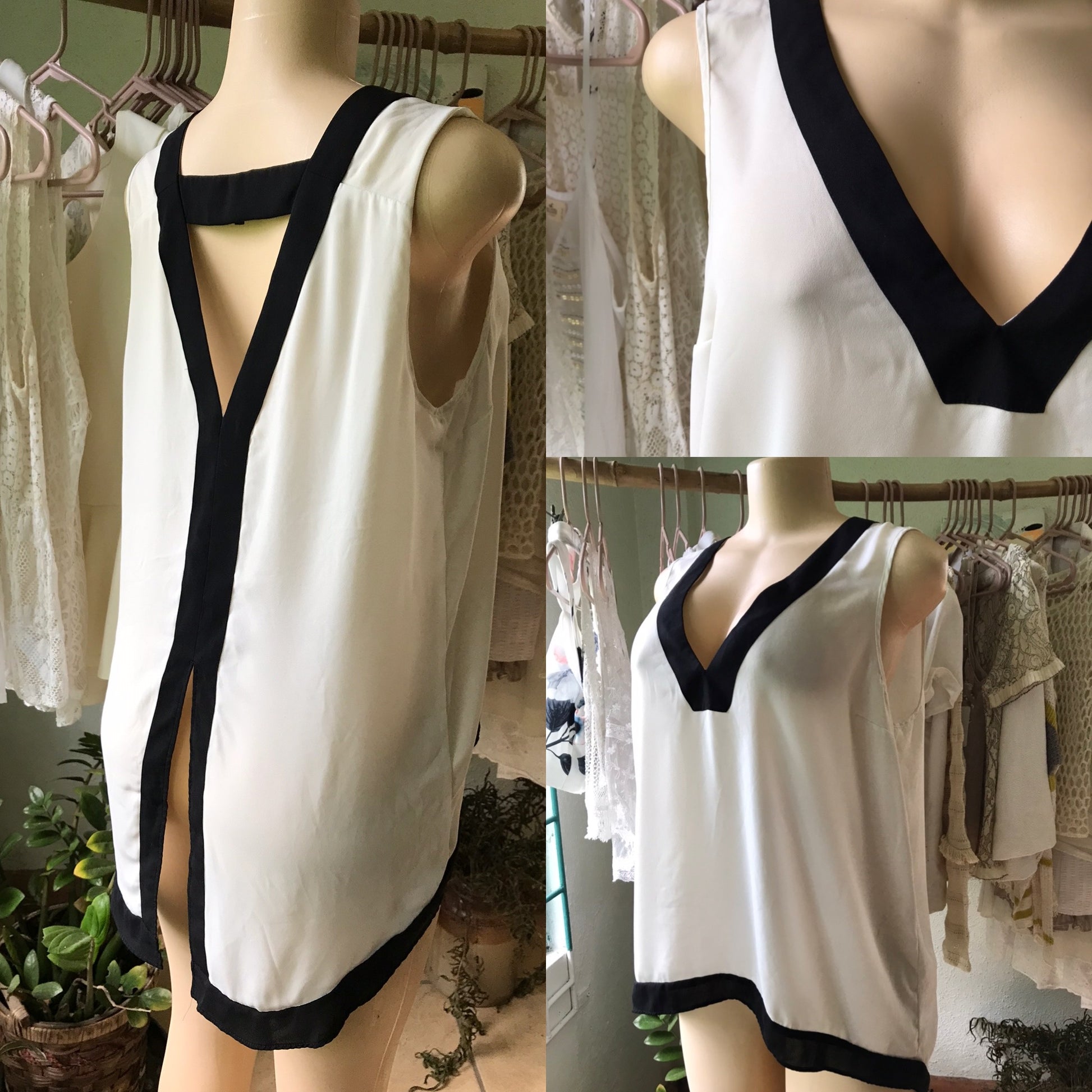 Black Lined White Sheer High Low Blouse