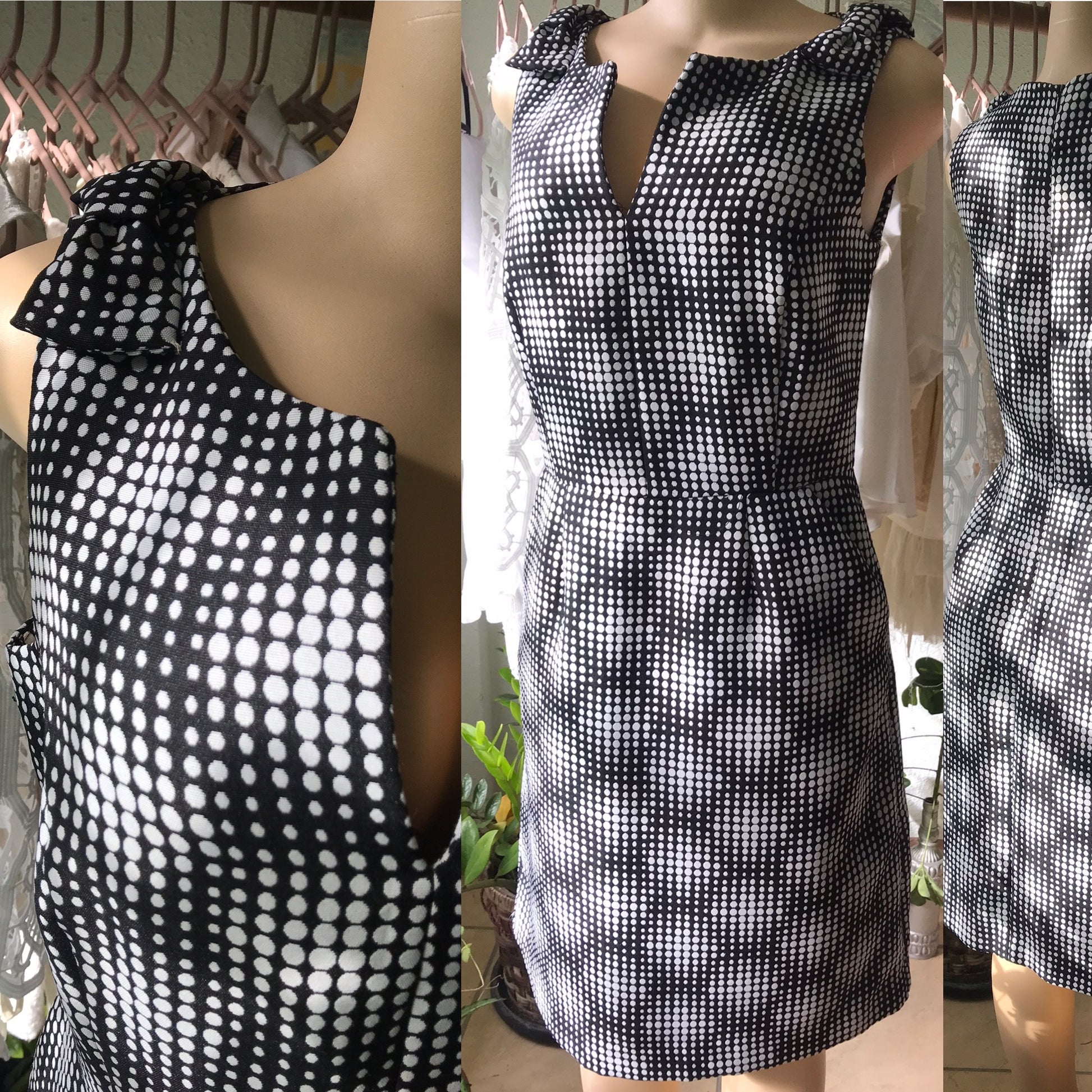 80s B&W Dot Pattern Professional Dress With Pockets