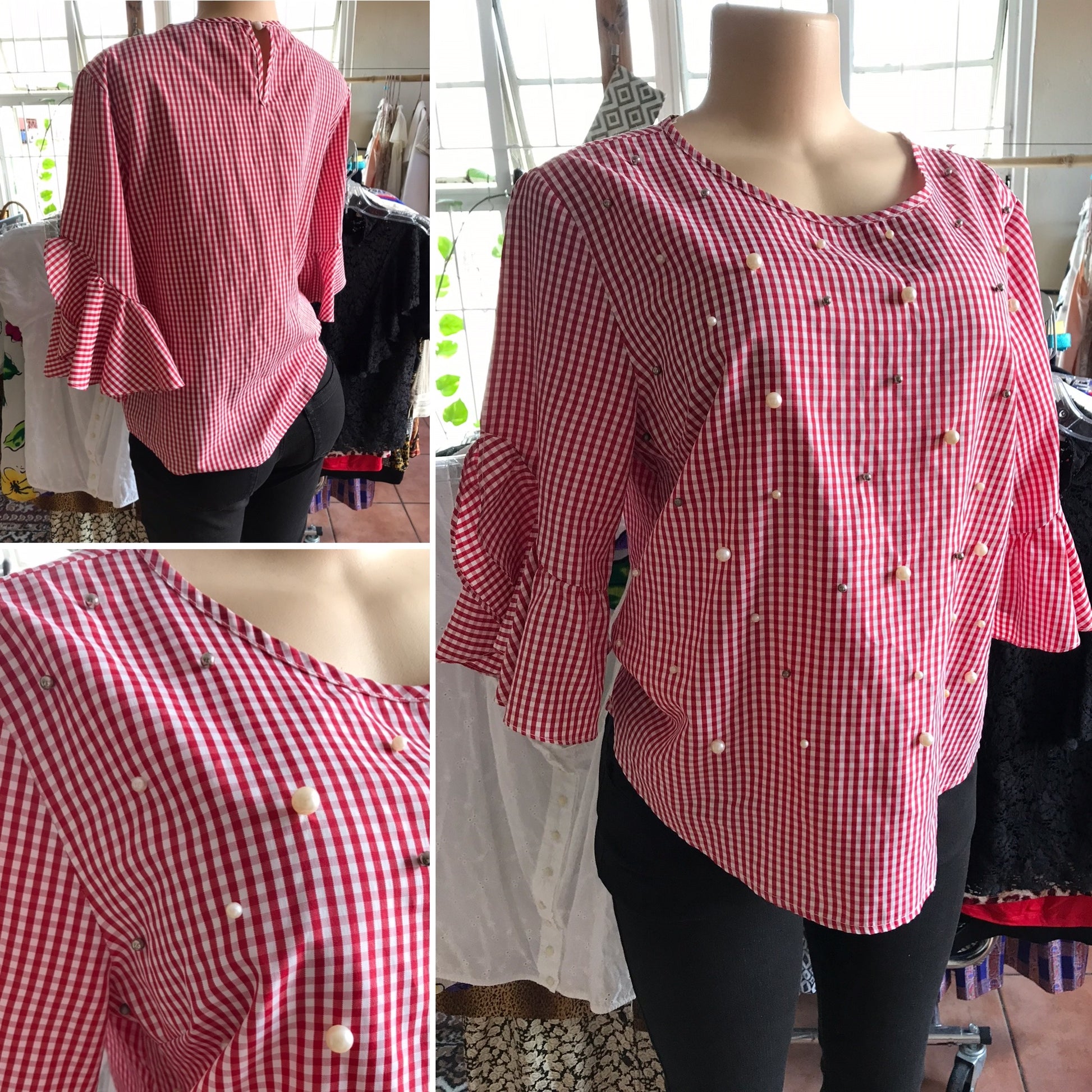 New Picnic Plaid Bell Sleeve Blouse Red