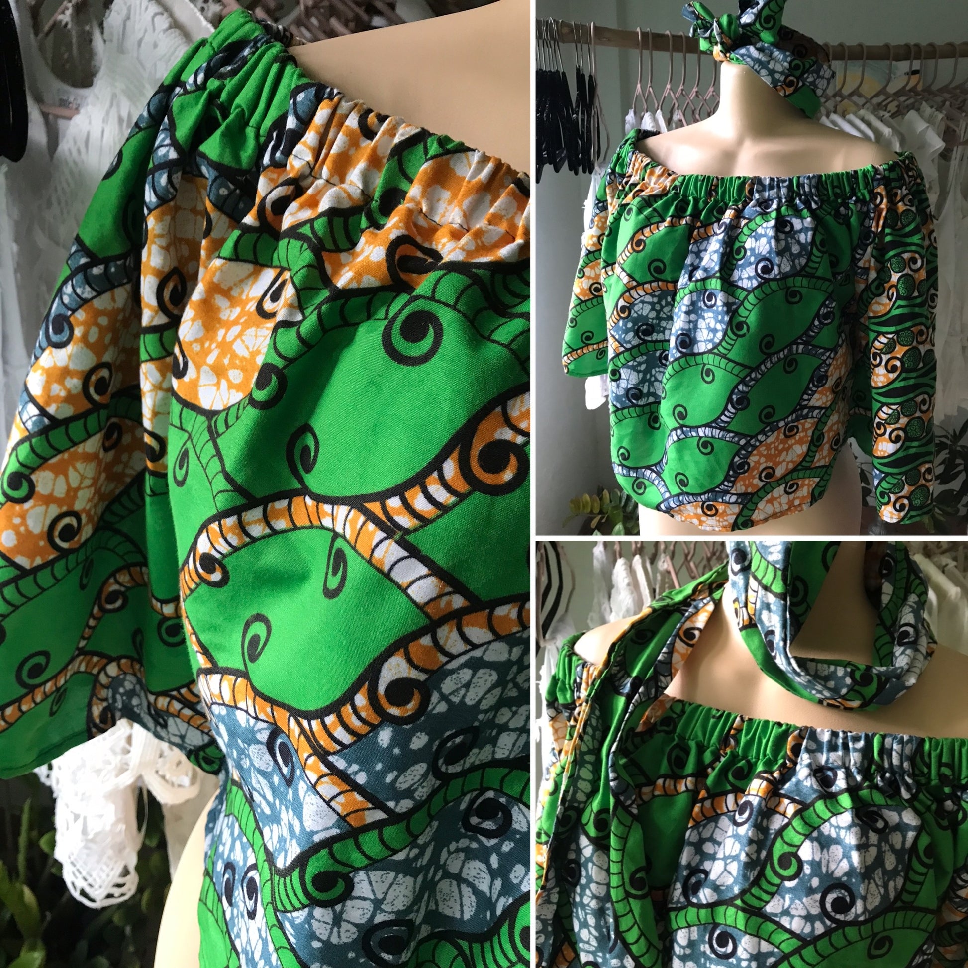 Green African Ankara Off The Shoulder Blouse with Matching Head Tie