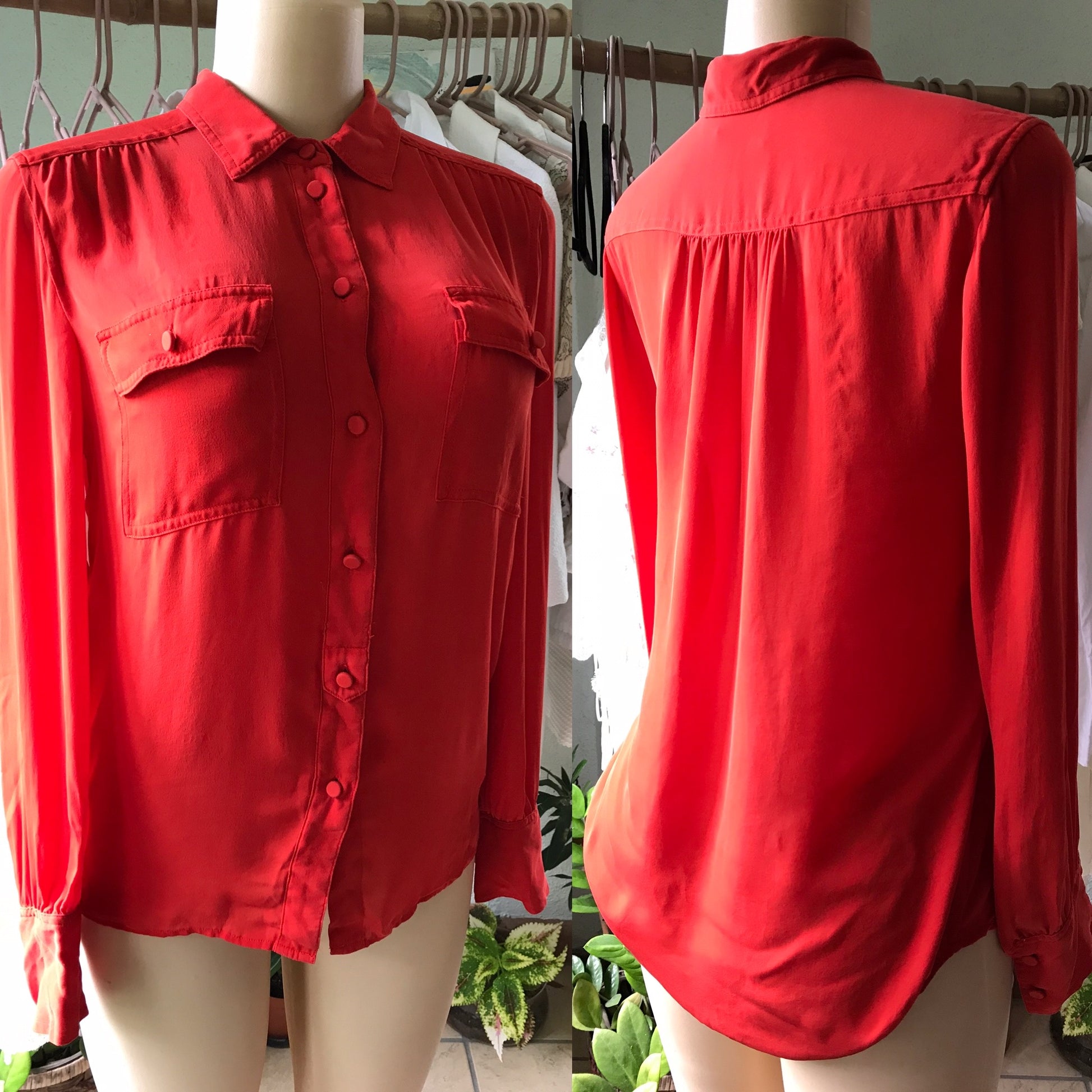 J CREW 100% Silk Red Button Down Blouse