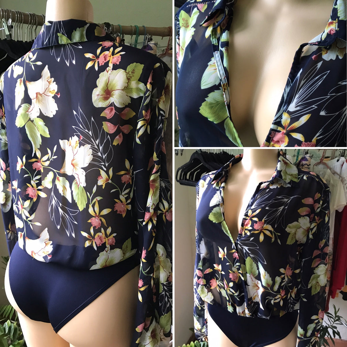 Fashion Nova Navy Sheer Floral Bodysuit Blouse Long Sleeve