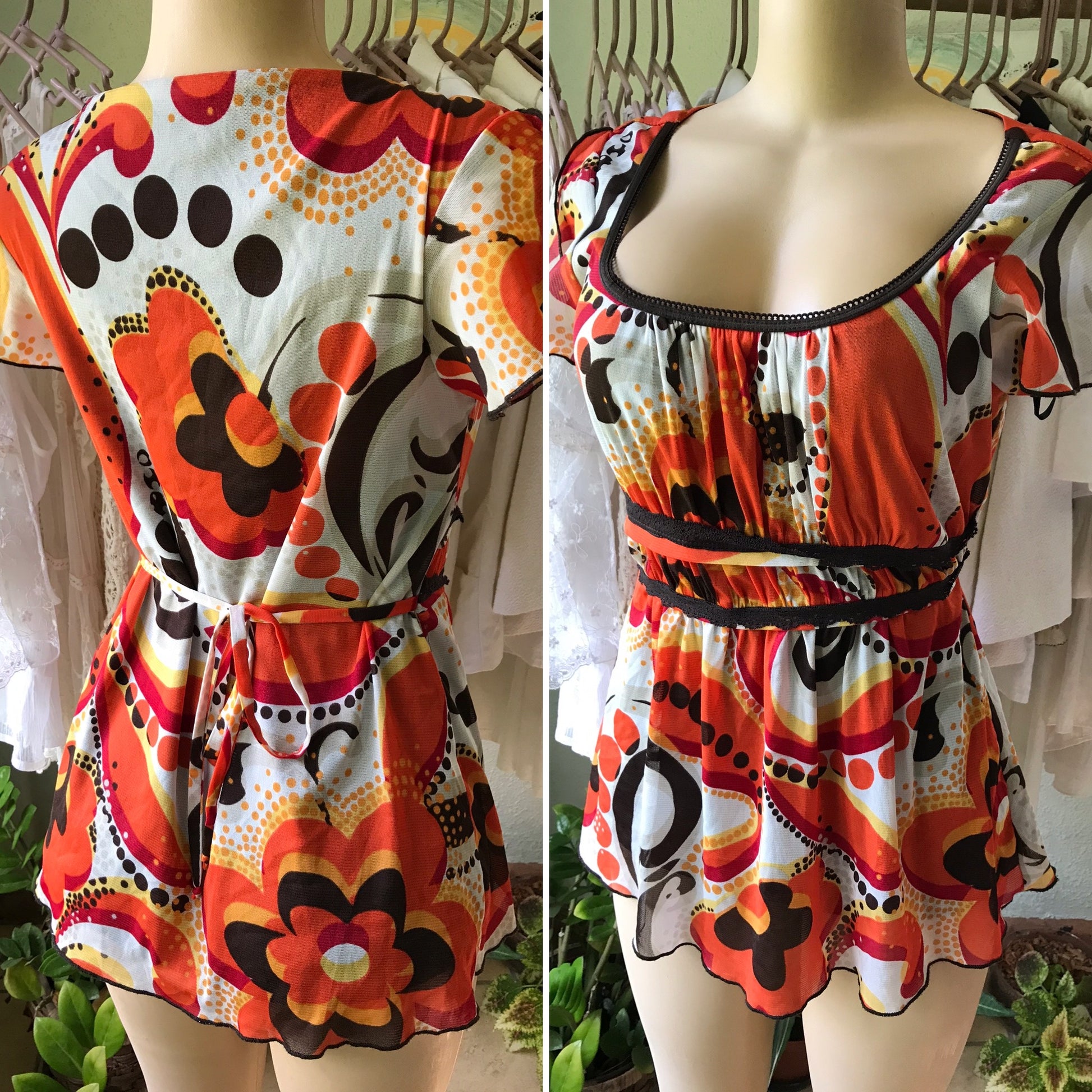 Retro Print Mesh Lined Babydoll Top Orange