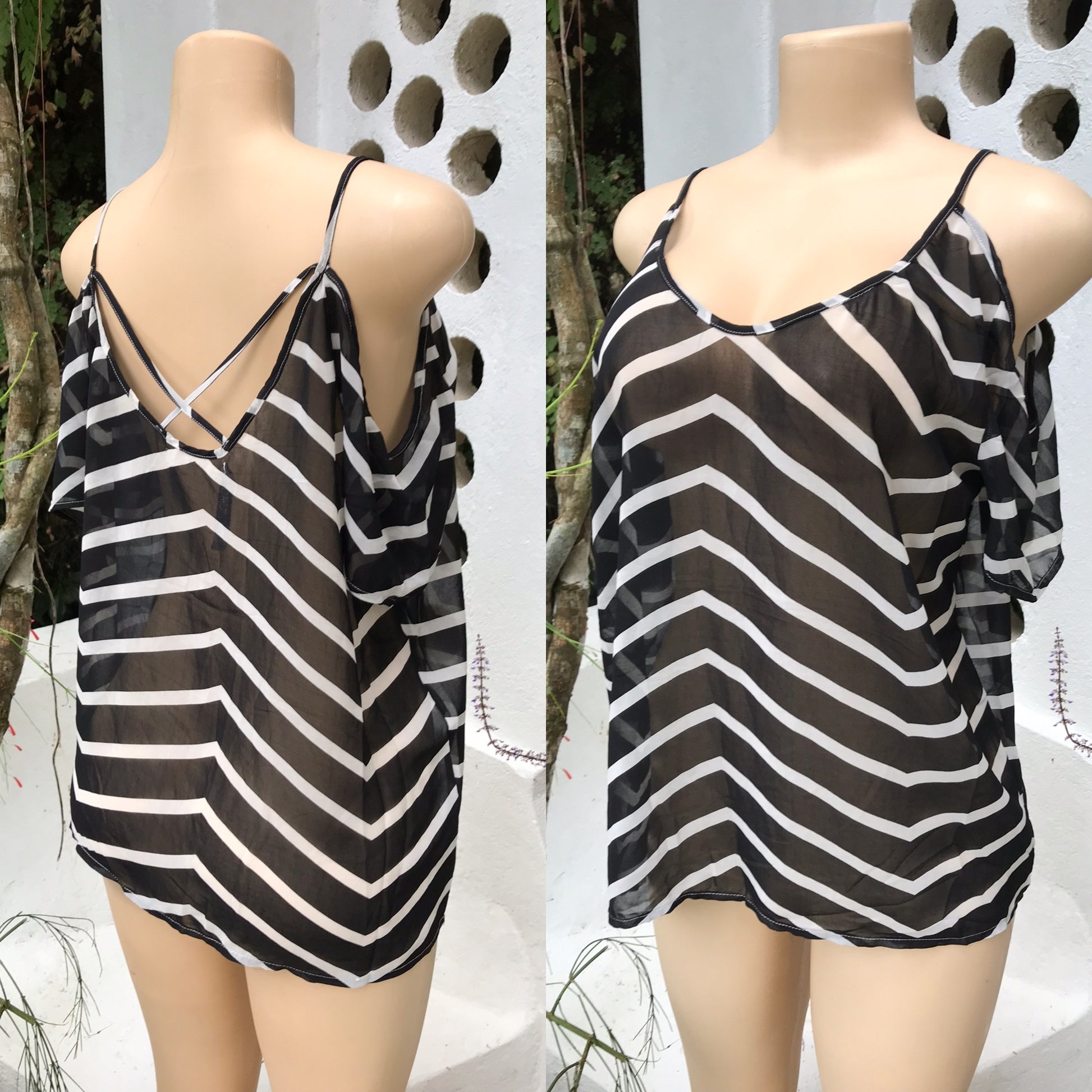 B&W Stripe Sheer Cold Shoulder Blouse