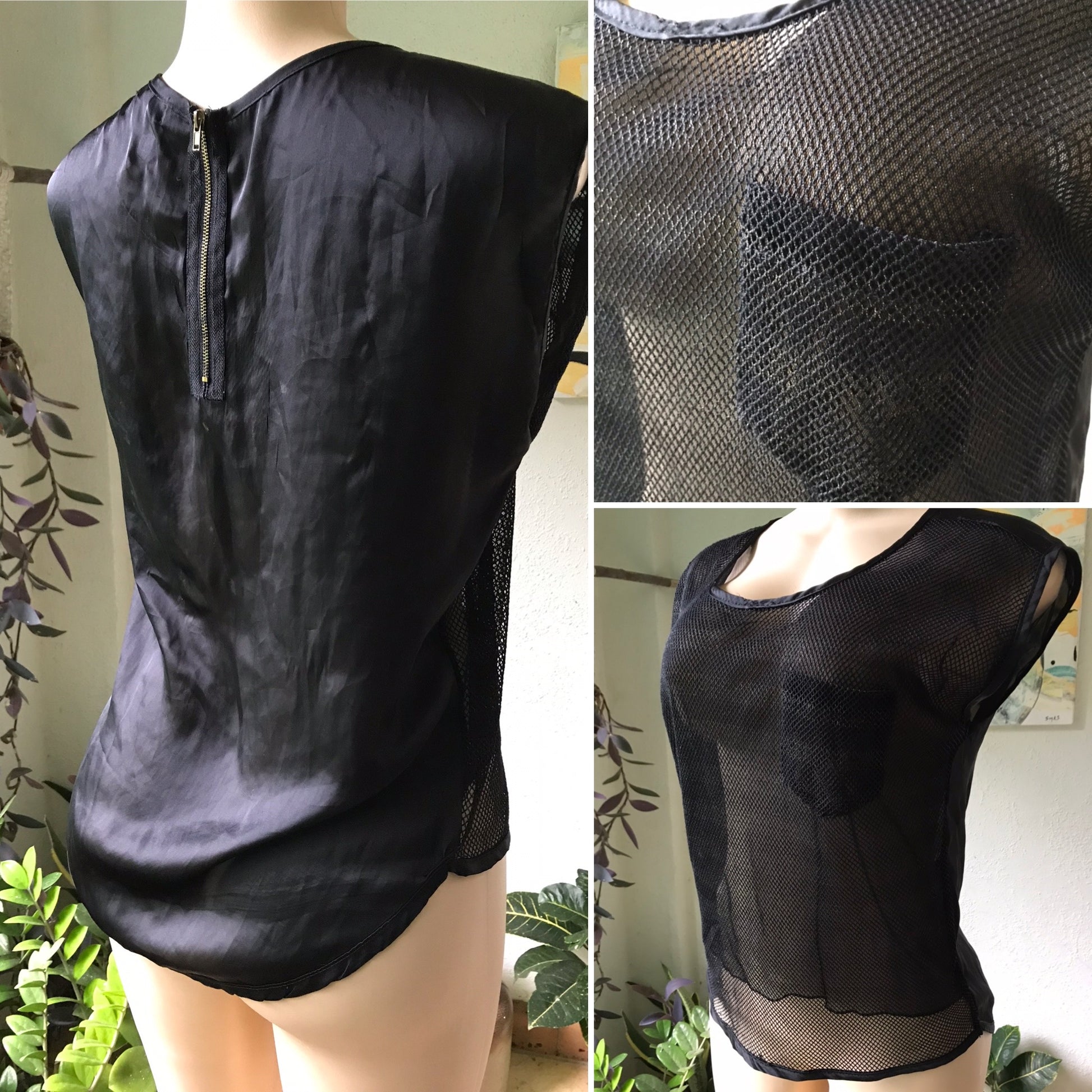 Black  Sensual Silky Back Blouse Mesh Front