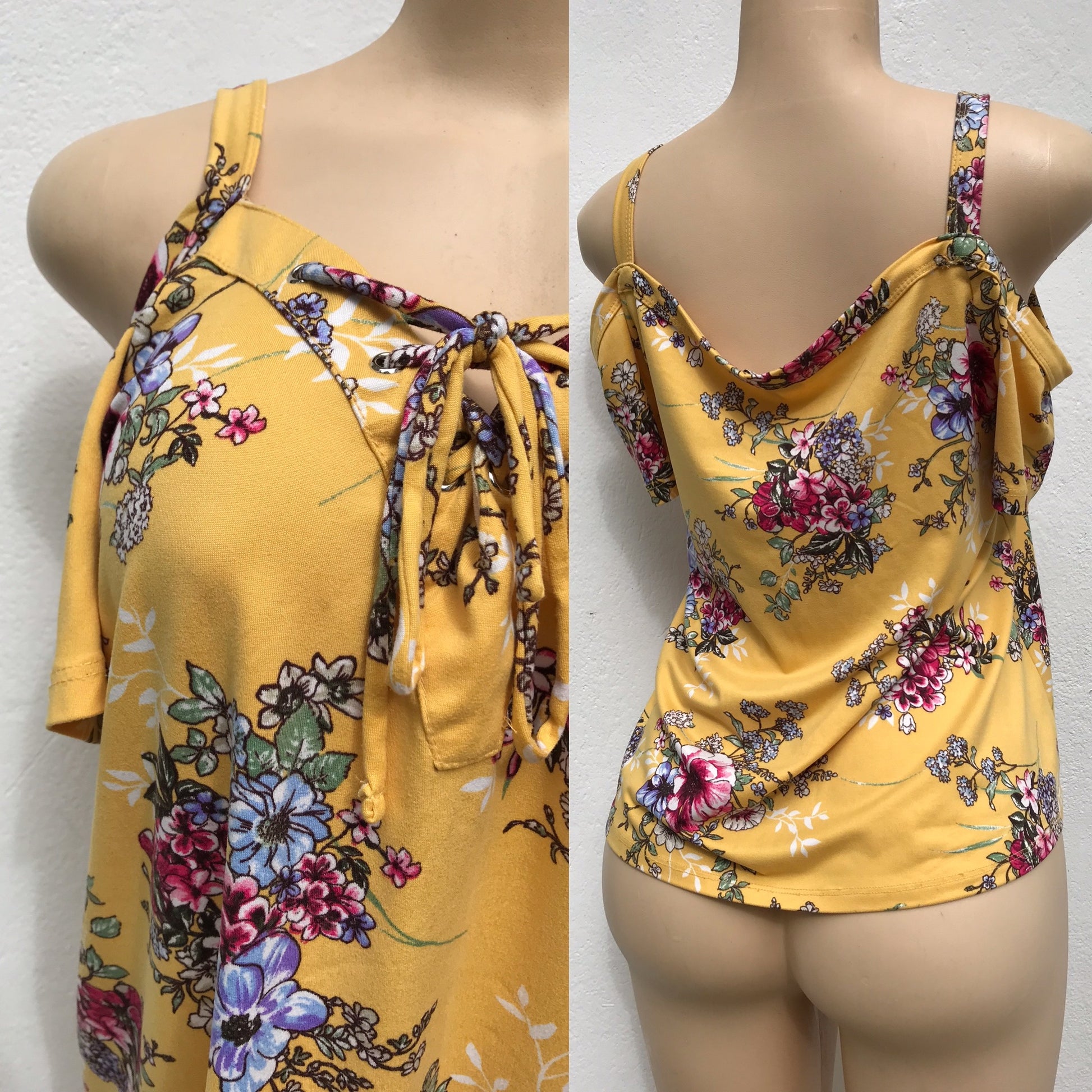 Mustard Floral Cold Shoulder Top Lace Up