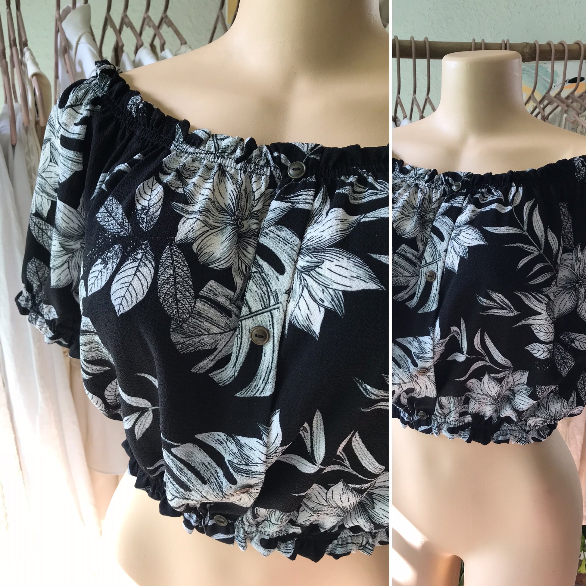 Black Leaf Ruffle Cropped Blouse Buttons