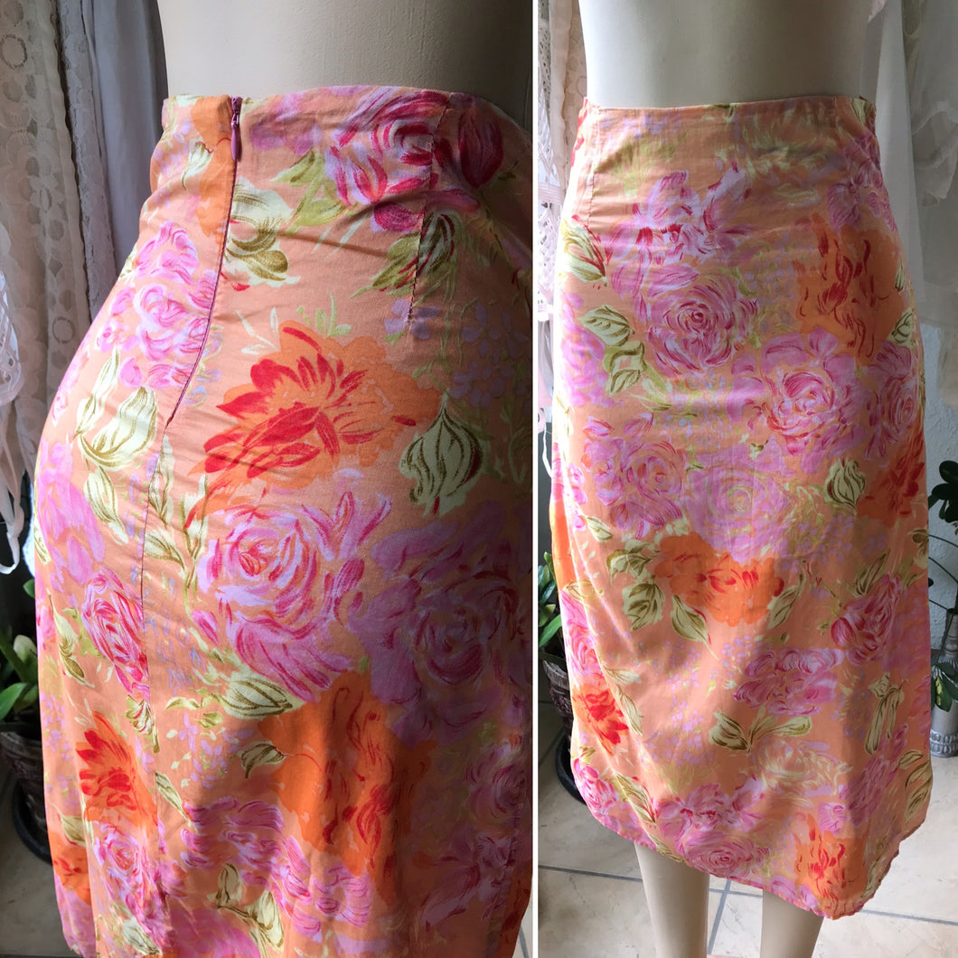 Peach Floral Vintage Style Midi Skirt High Waist