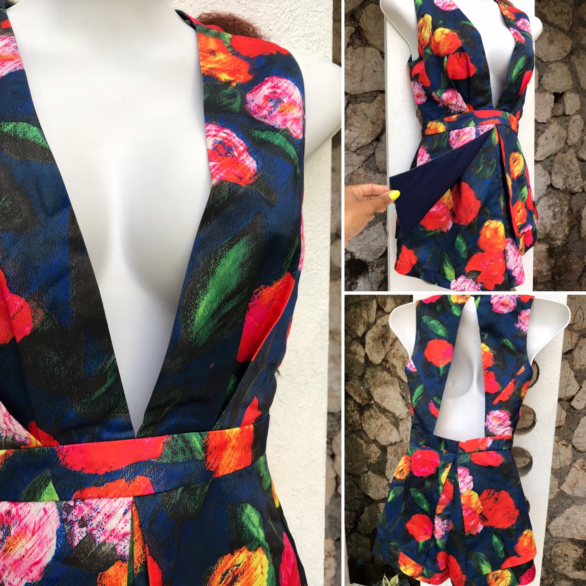 Backless Bold Floral Occasion Skort Romper